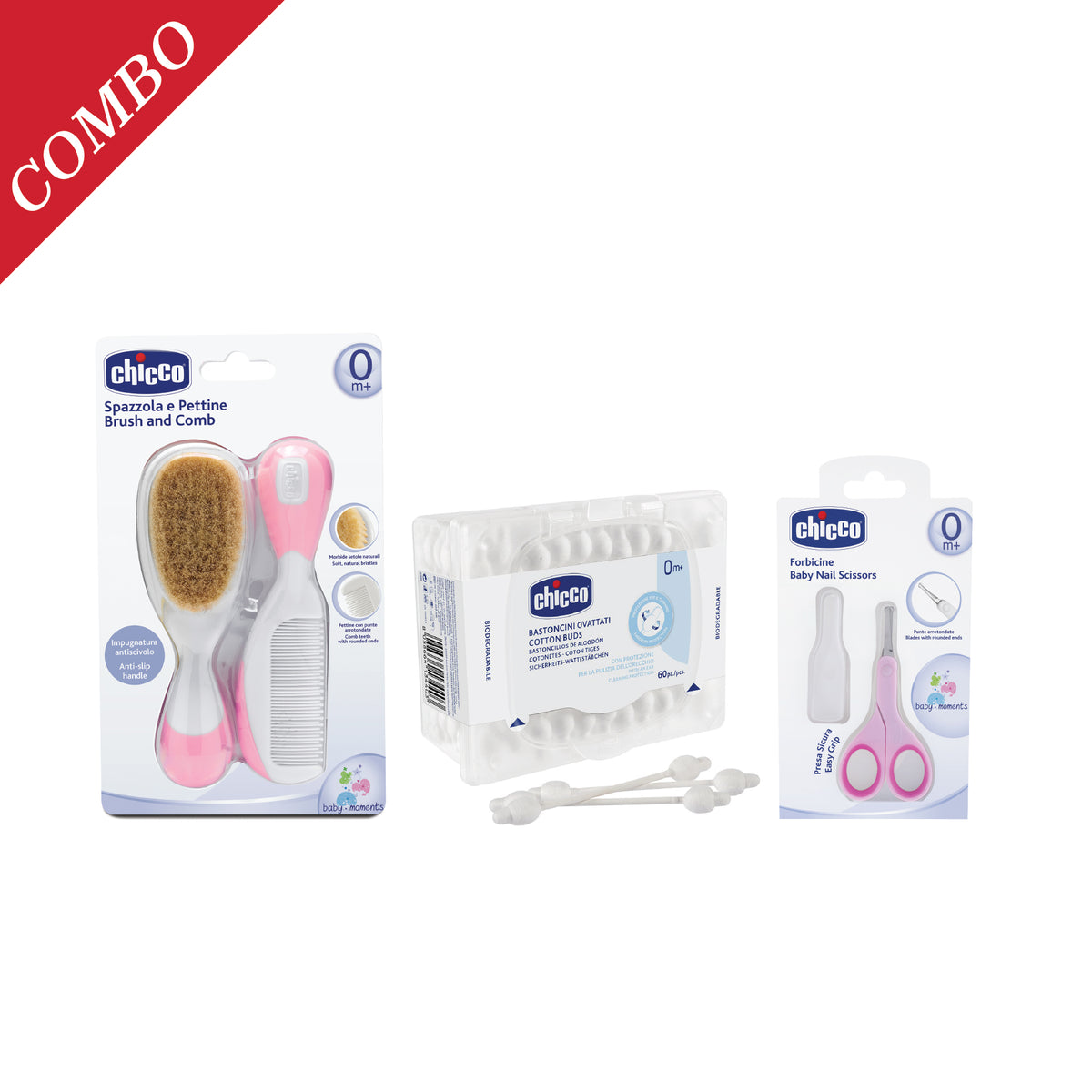 Brush and Comb Pink, Cotton Buds 60Pcs & Nail Care