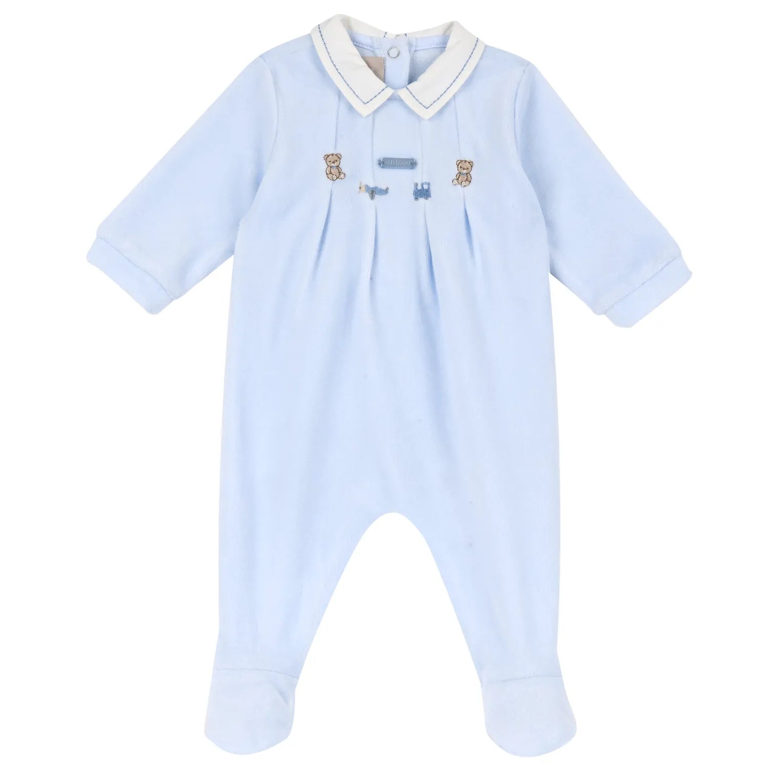 Boys Light Blue Embroidered Nappy Opening Babysuit