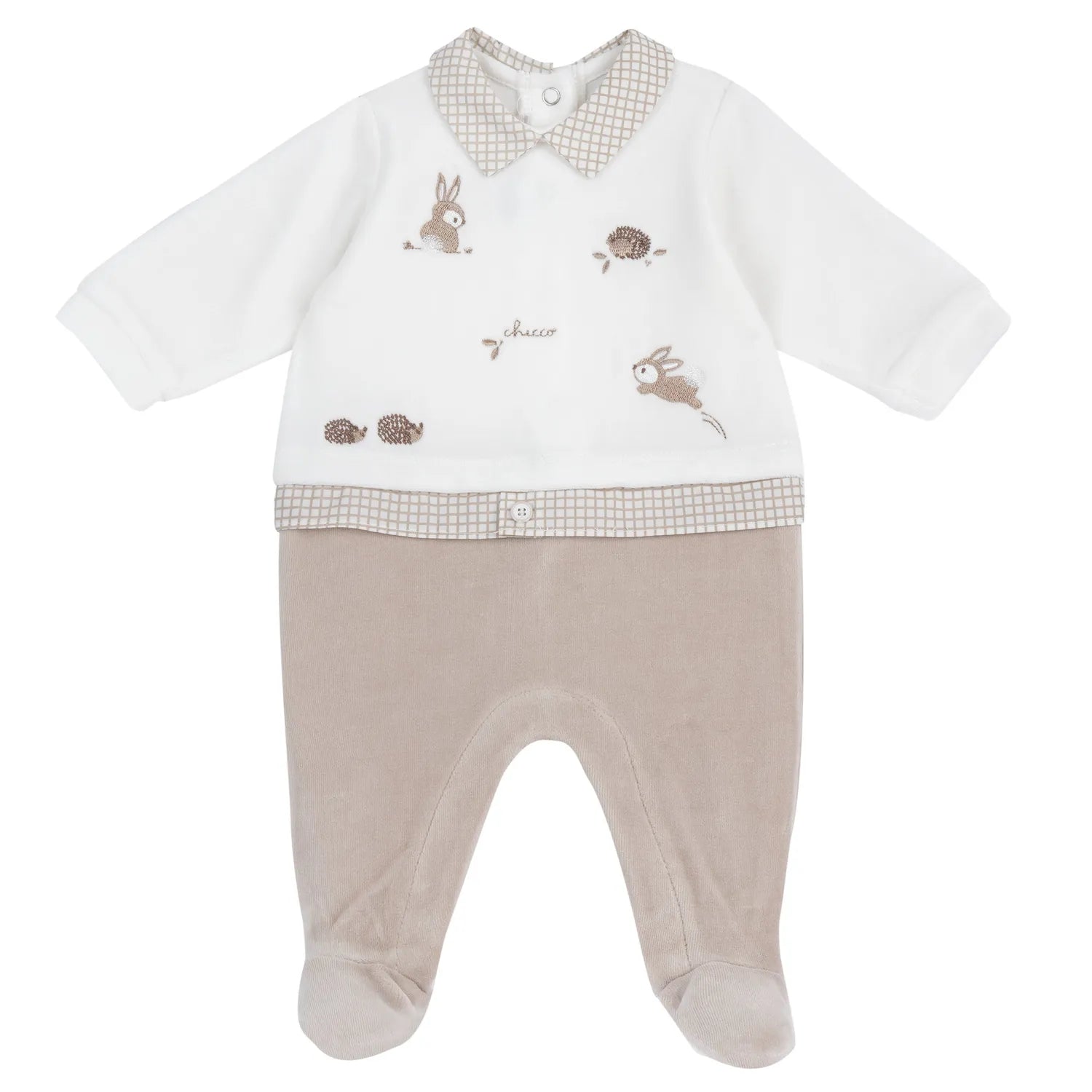 Boys Light Natural Embroidered Leg Opening Babysuit