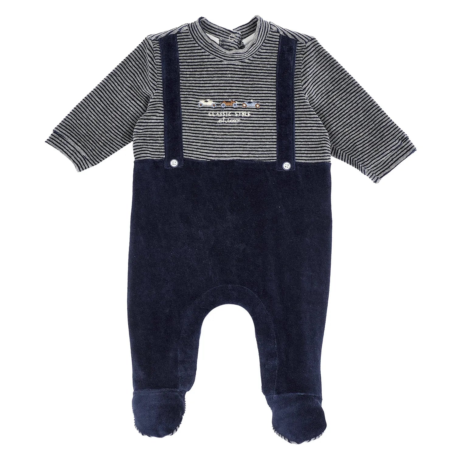 Boys Navy Blue Striped Velour Leg Opening Babysuit