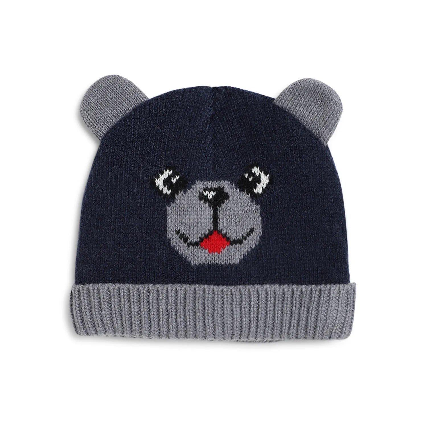 Boys Navy Blue & Grey Woollen Hat with Scarf