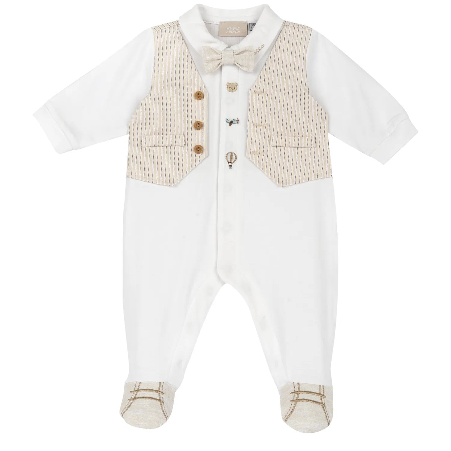 Boys White and Beige Applique Front Opening Babysuit