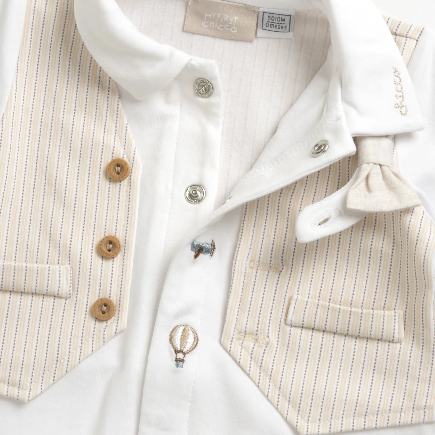 Boys White and Beige Applique Front Opening Babysuit