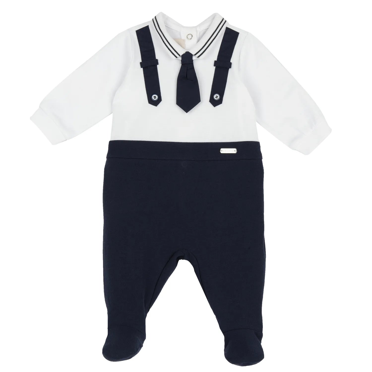 Boys White and Blue Self Design Back Opening Babysuit