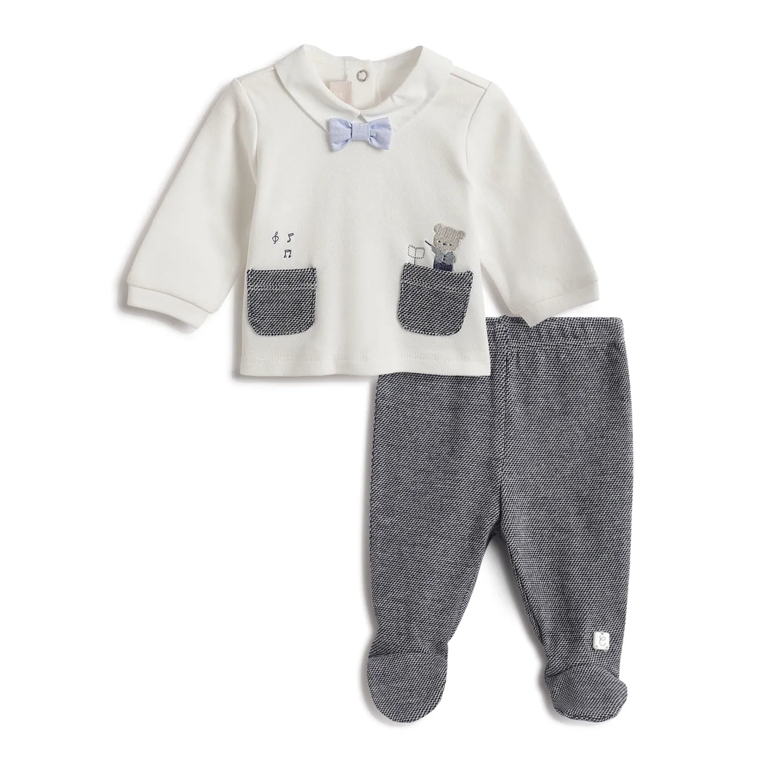 Boys White & Grey Embroidered Smock With Leggings