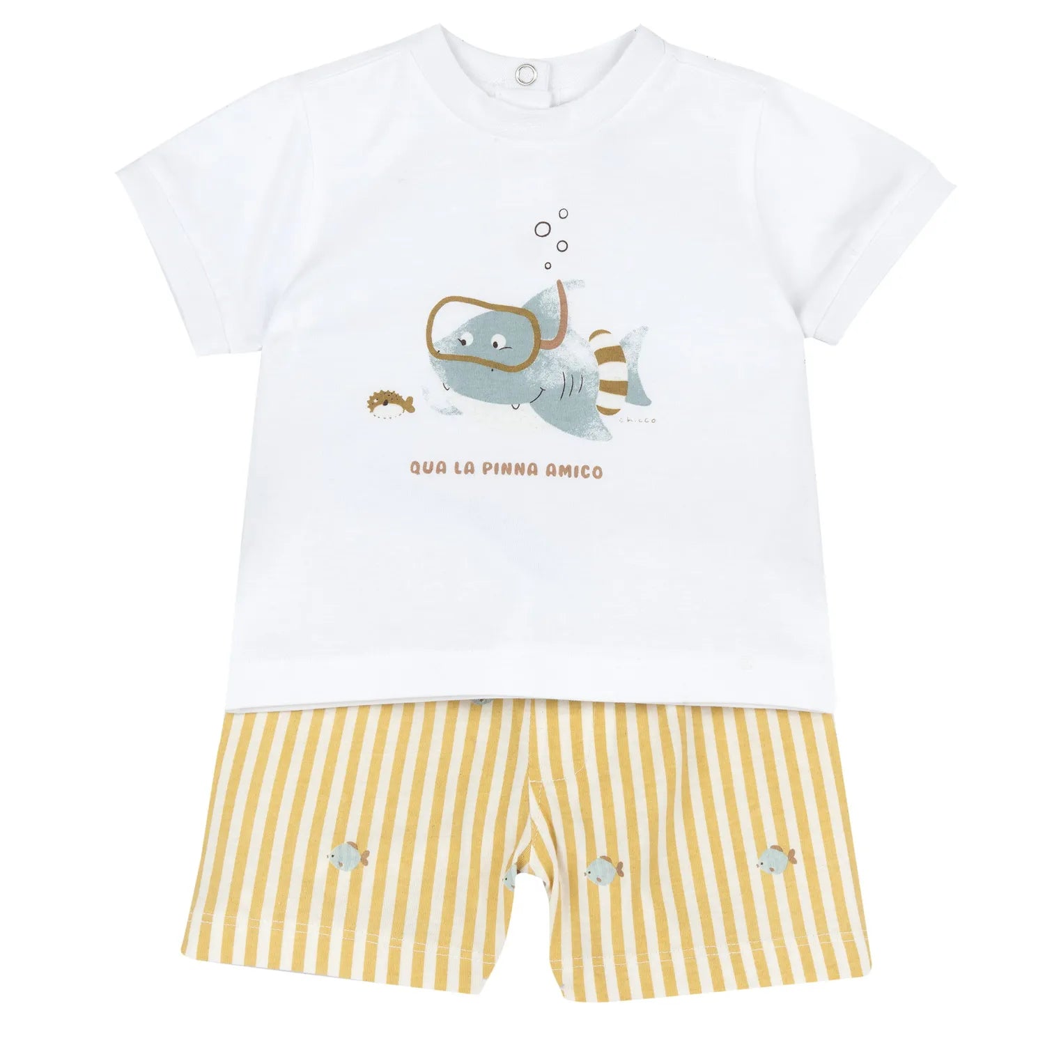 Boys White and Light Yellow Printed T-Shirt with Shorts