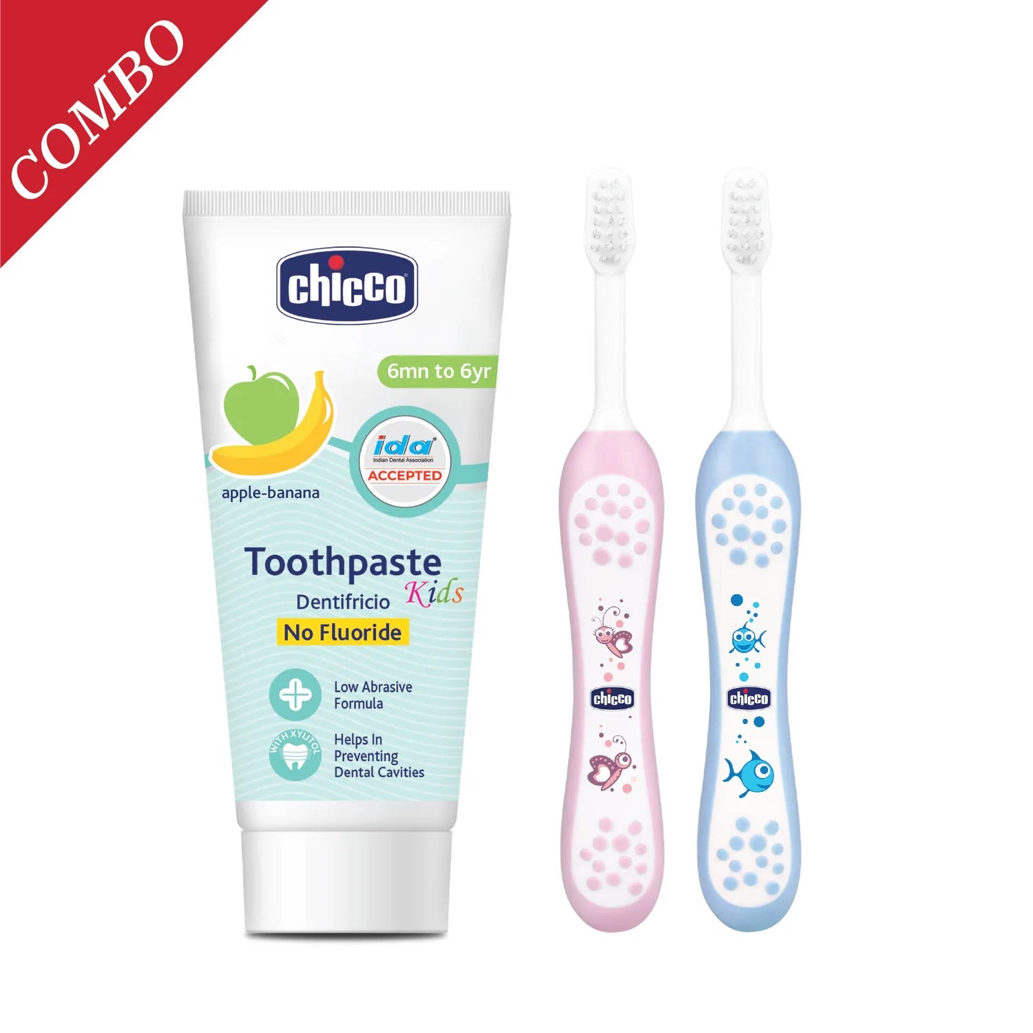 Combo Applebanana Toothpaste 6M to 6Y 50 g & Toothbrush Pink 6M to 36M & Toothbrush Blue 6M to 36M