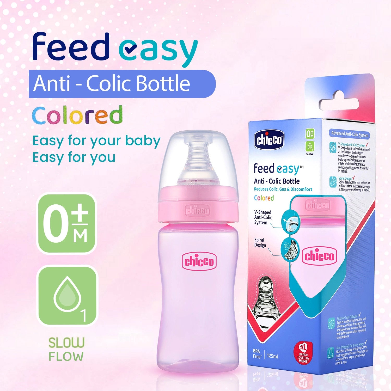 Feed Easy Baby Colored Bottle 125 ml Slow Flow 0M+ Pink