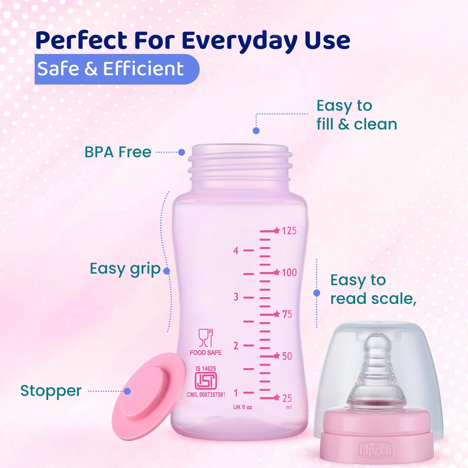 Feed Easy Baby Colored Bottle 125 ml Slow Flow 0M+ Pink