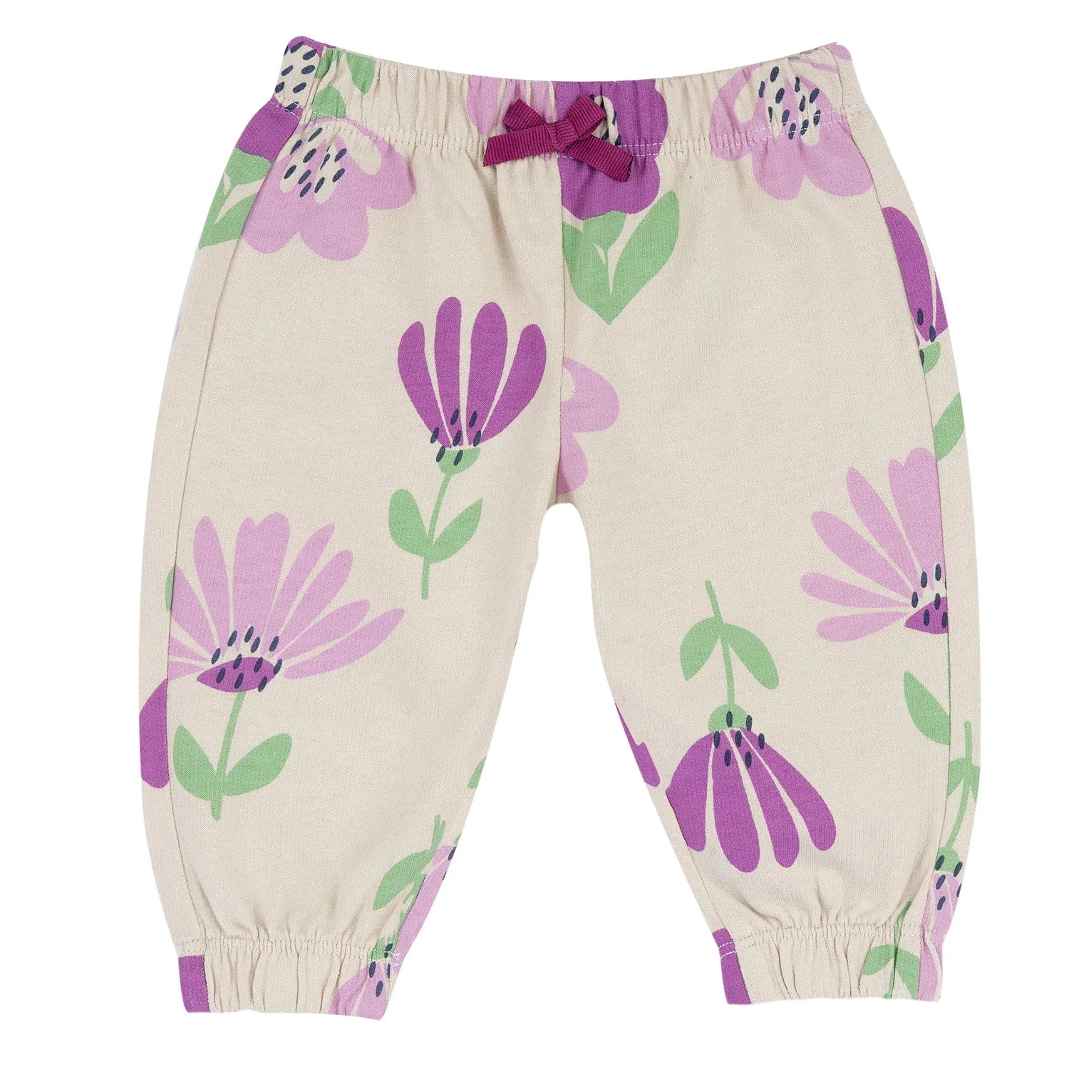 Girls Beige and Purple Floral Printed Joggers