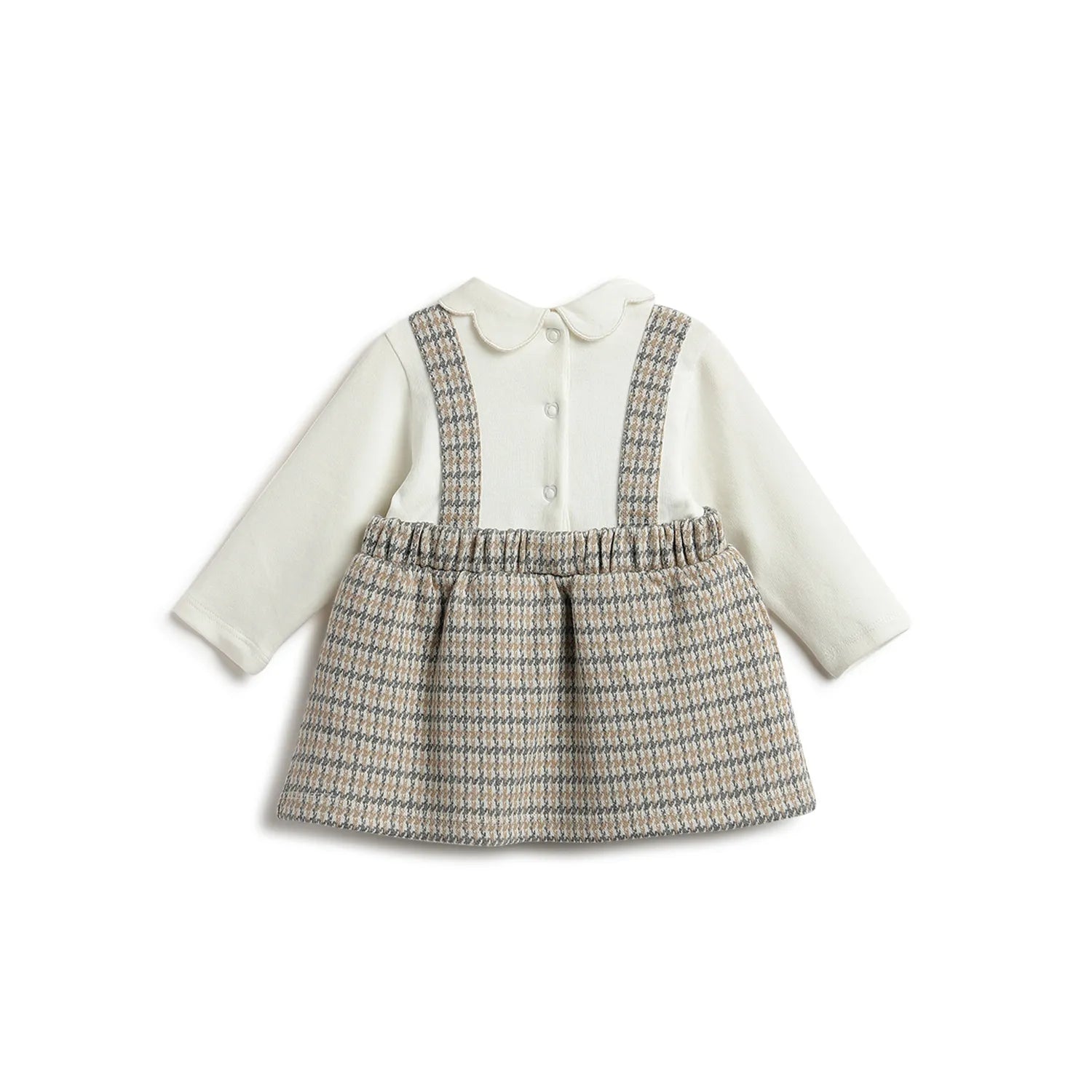 Girls White & Beige Checked Dress