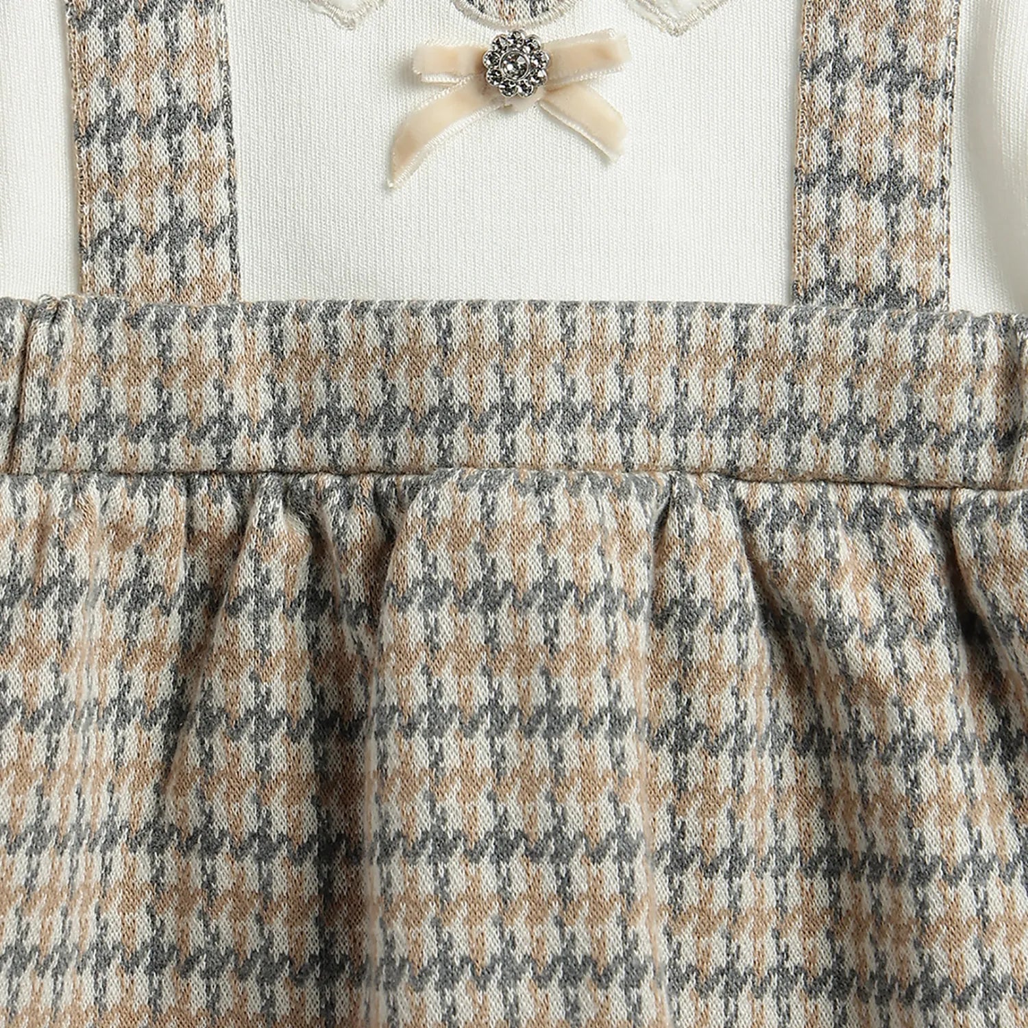 Girls White & Beige Checked Dress