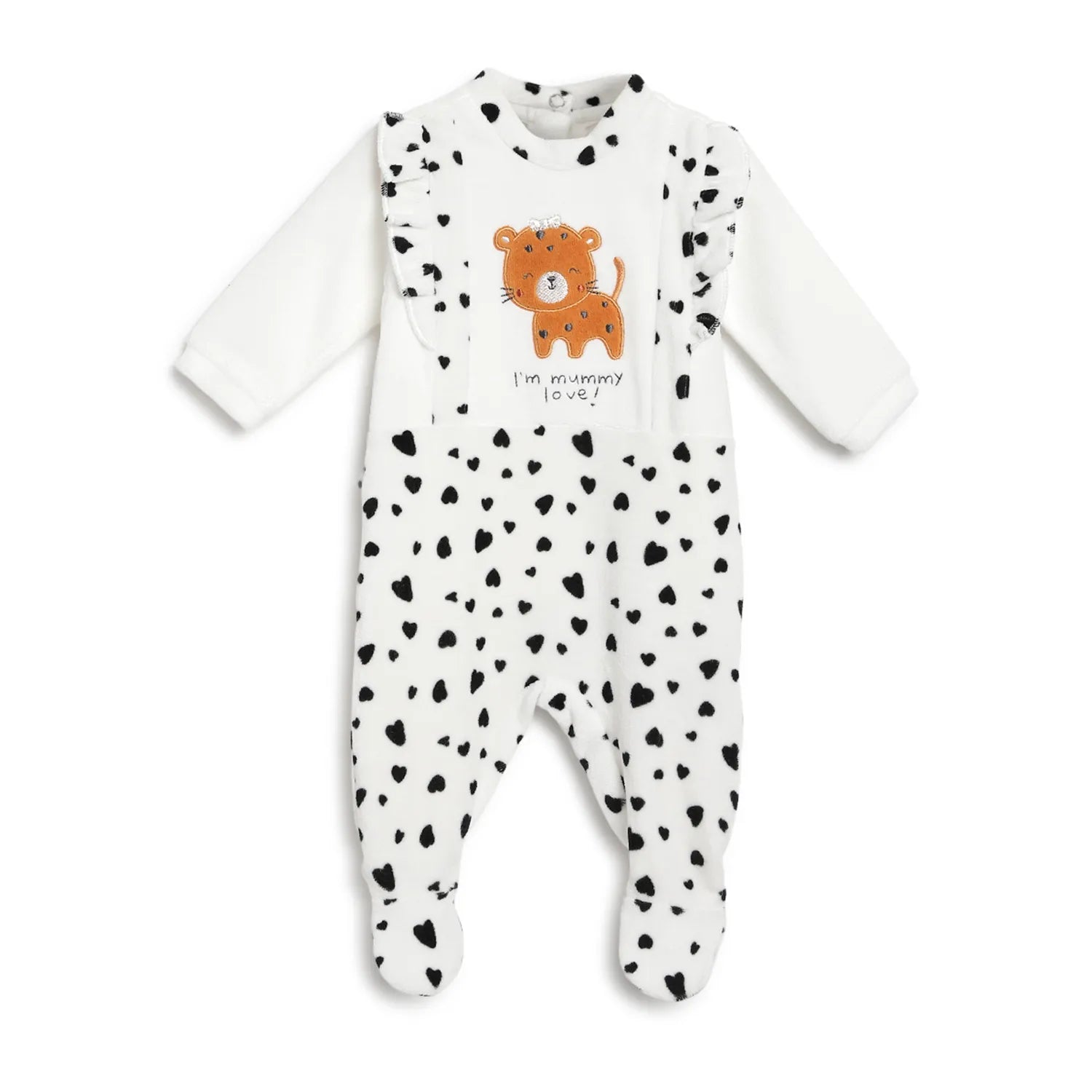 Girls White & Black Printed Nappy Opening Babysuit