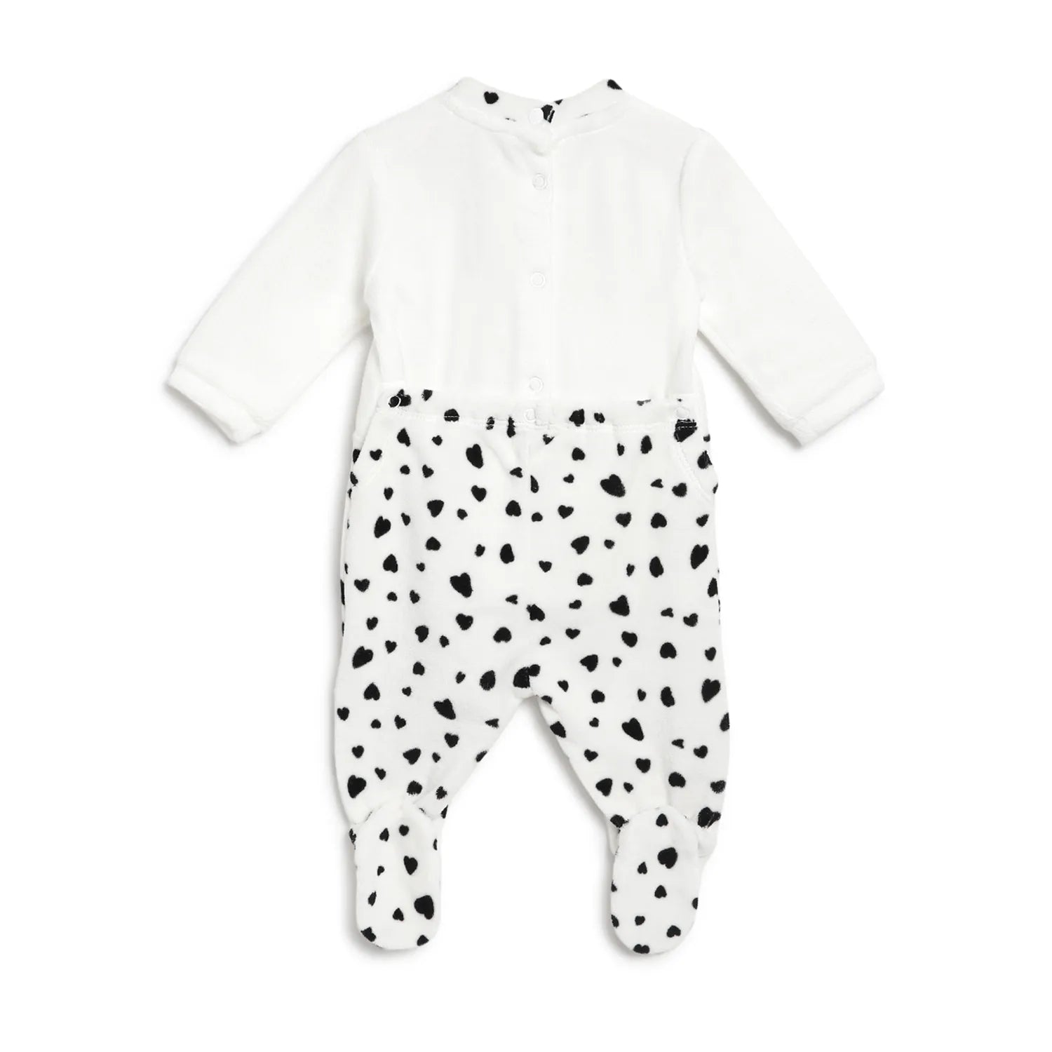 Girls White & Black Printed Nappy Opening Babysuit