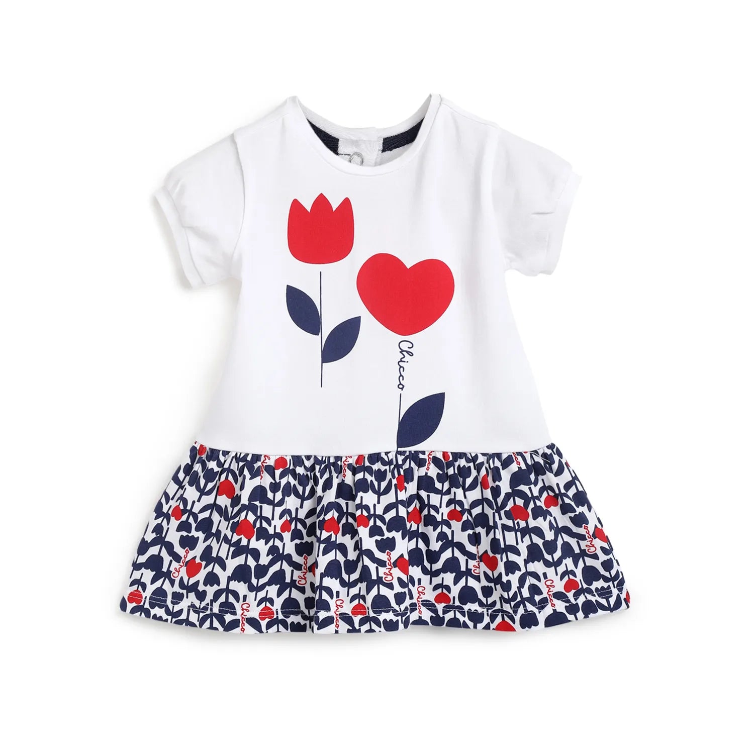 Girls White & Blue Printed Dress