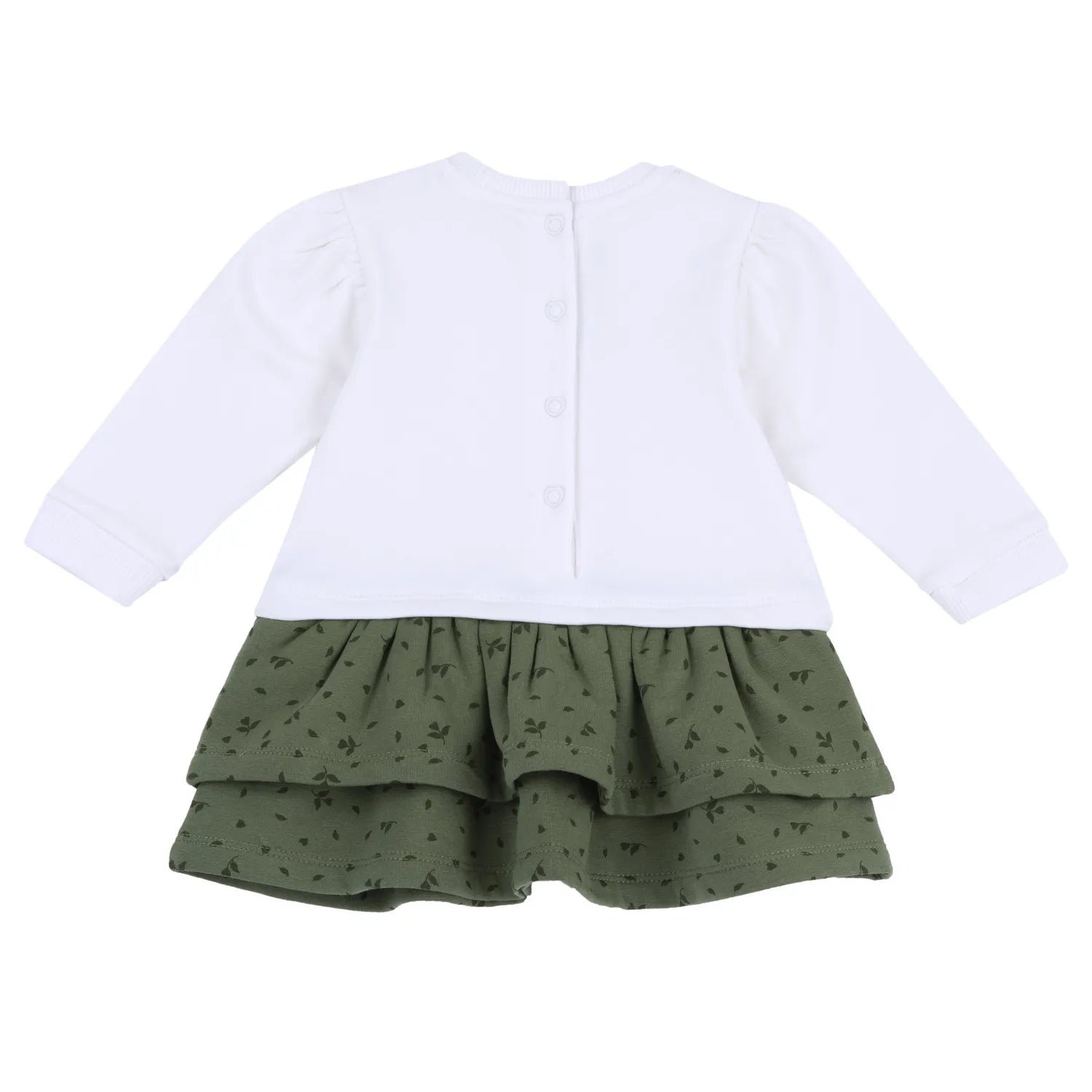 Girls White & Green Printed Long Sleeve Dress
