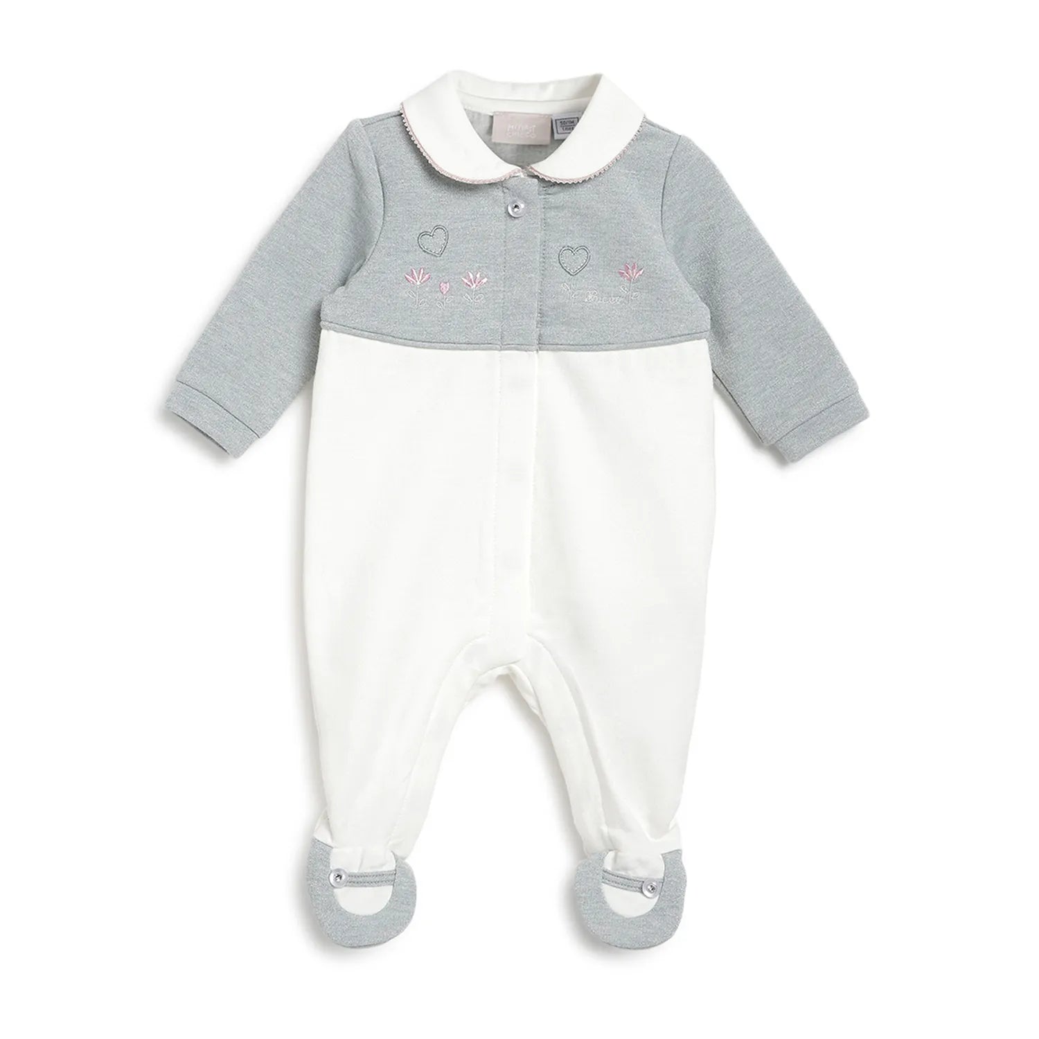 Girls White & Grey Embroidered Front Opening Babysuit