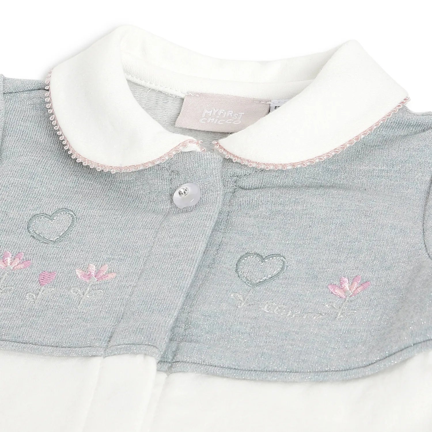 Girls White & Grey Embroidered Front Opening Babysuit