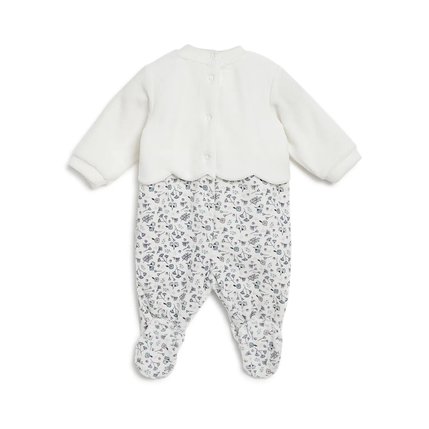 Girls White & Grey Printed Leg Opening Babysuit