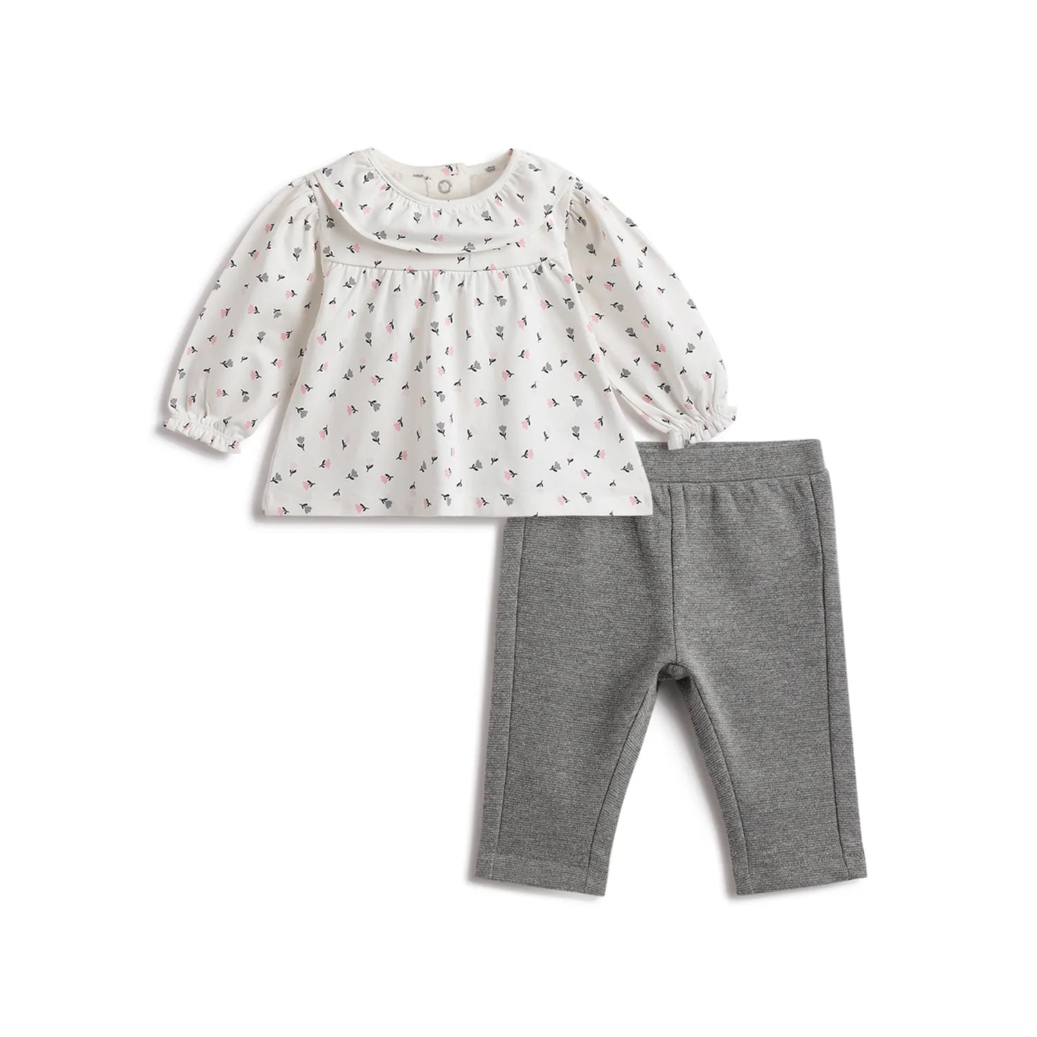 Girls White & Grey Printed Top With Leggings