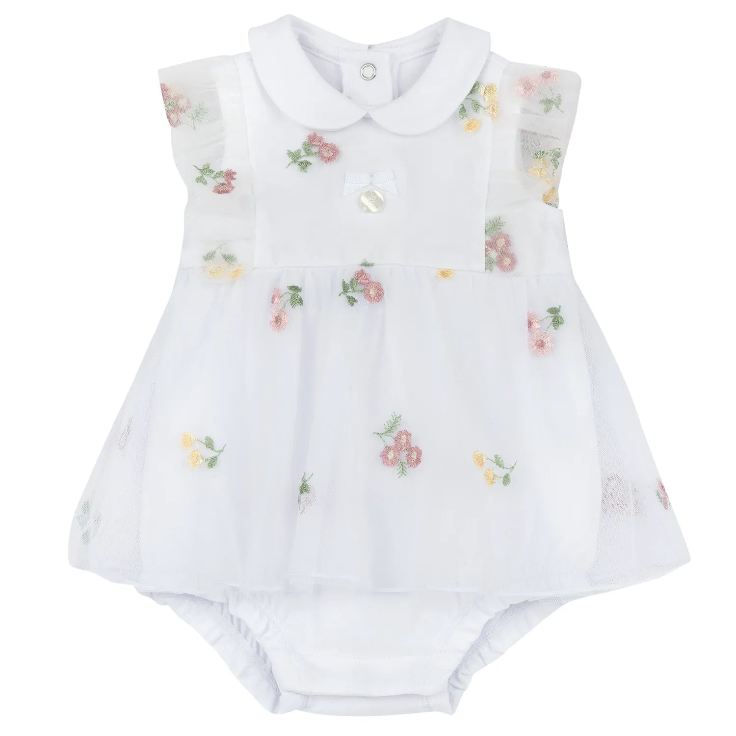 Girls White and Pink Embroidered Romper