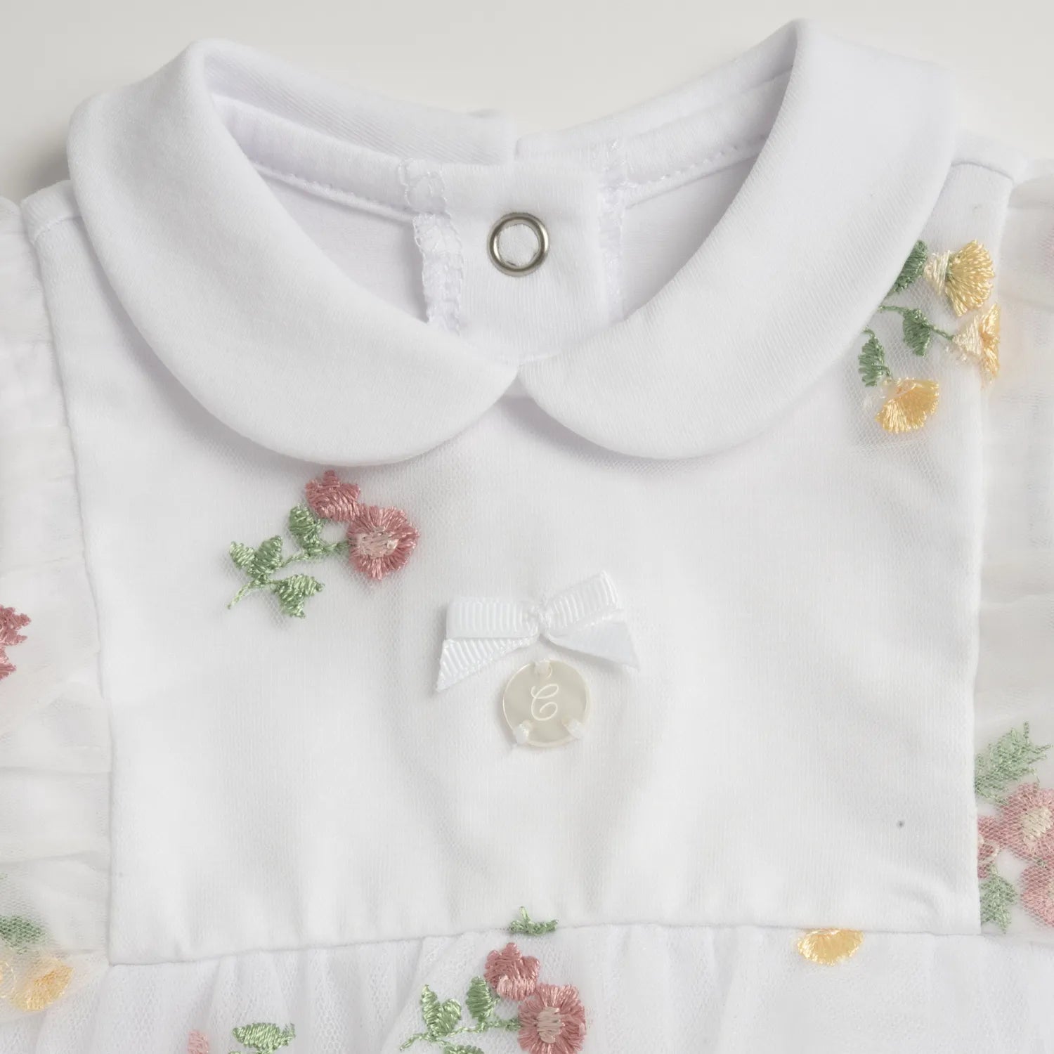 Girls White and Pink Embroidered Romper