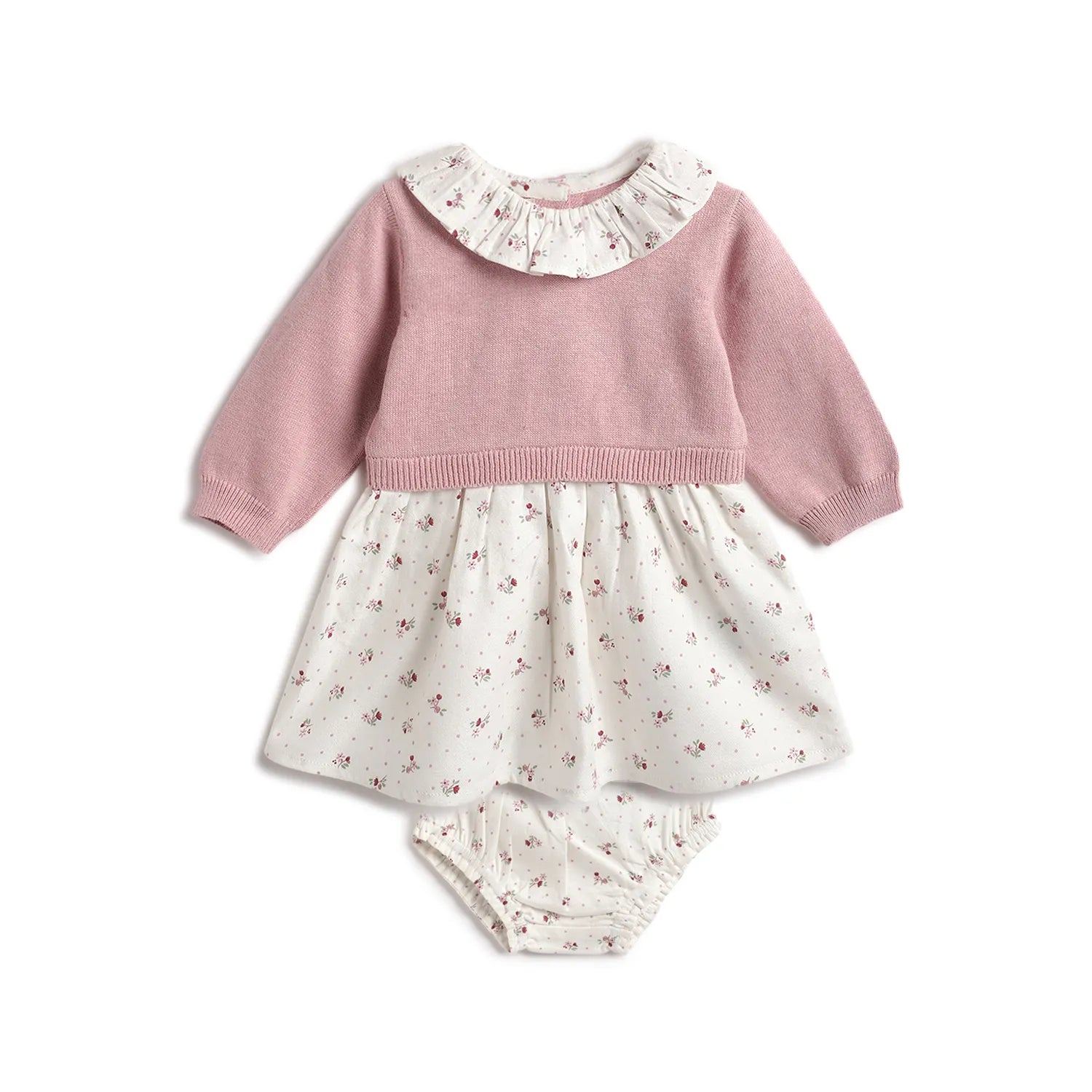 Girls White & Pink Printed Dress with Panties