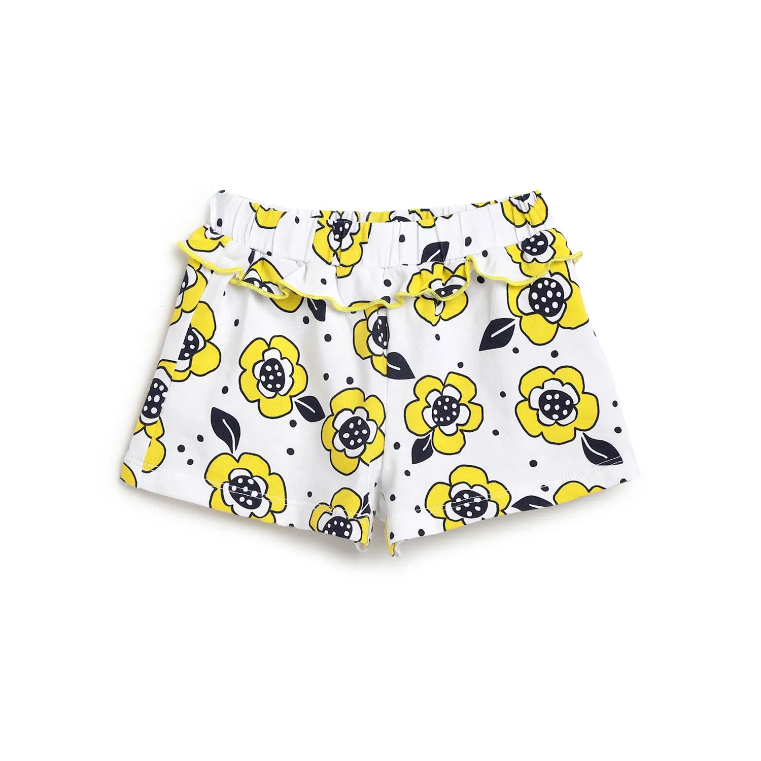 Girls White & Yellow Printed Top with Shorts