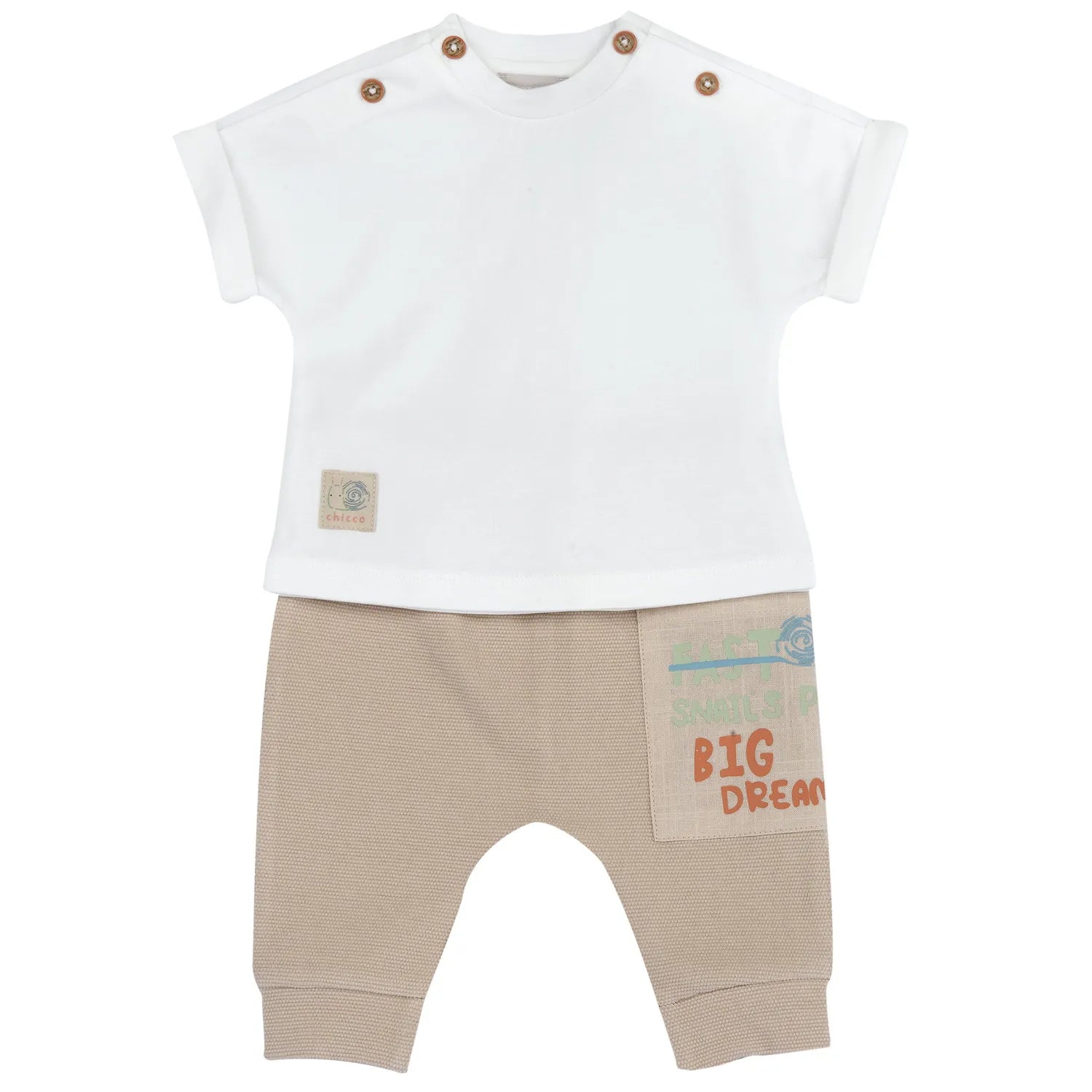 Infants White and Beige Solid T-Shirt with Trouser
