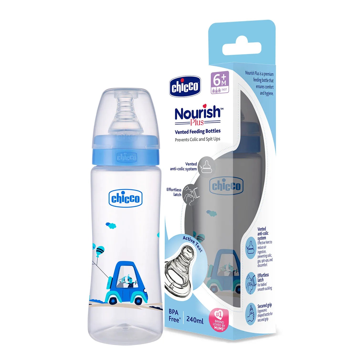 Nourish Plus Fast Flow Baby Bottle 240ml 6M+ Blue