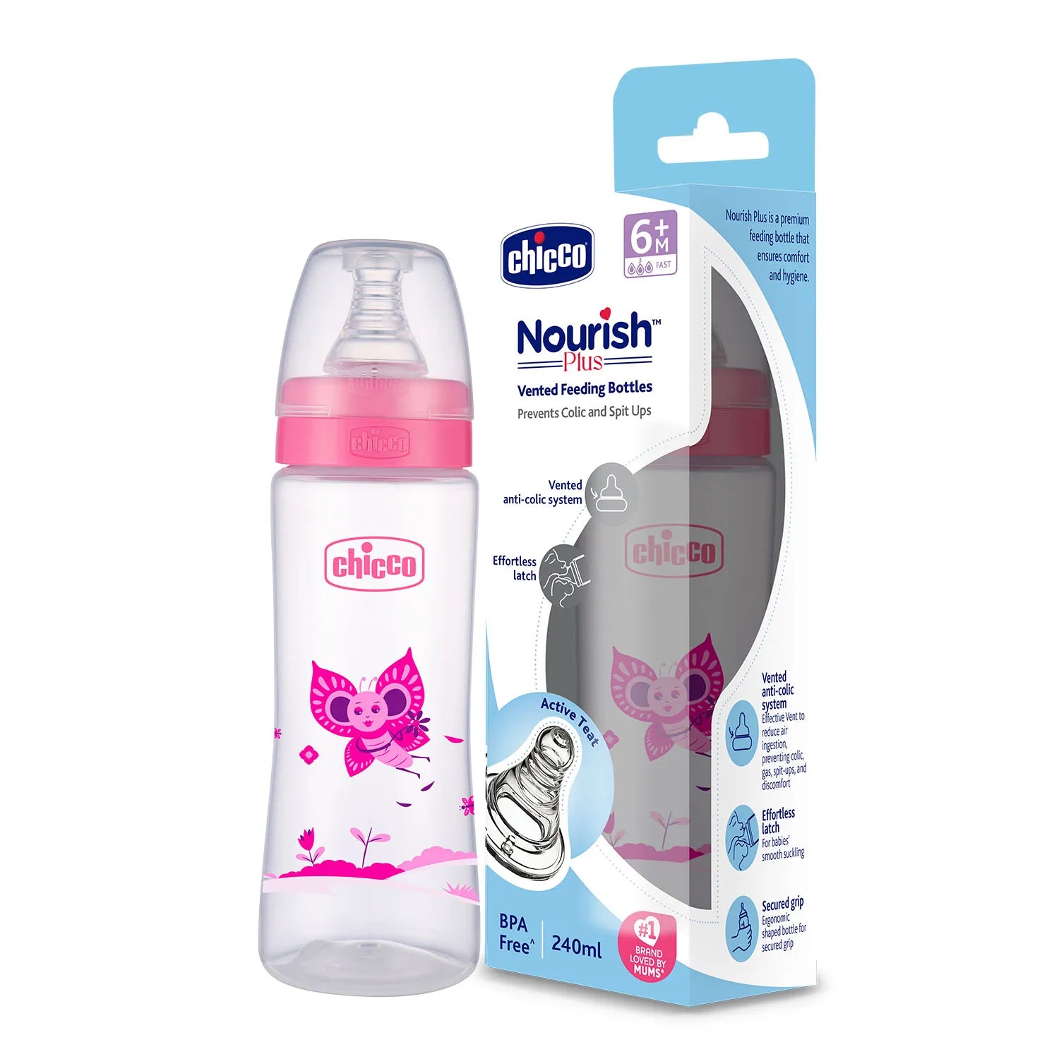 Nourish Plus Fast Flow Baby Bottle 240ml 6M+ Pink