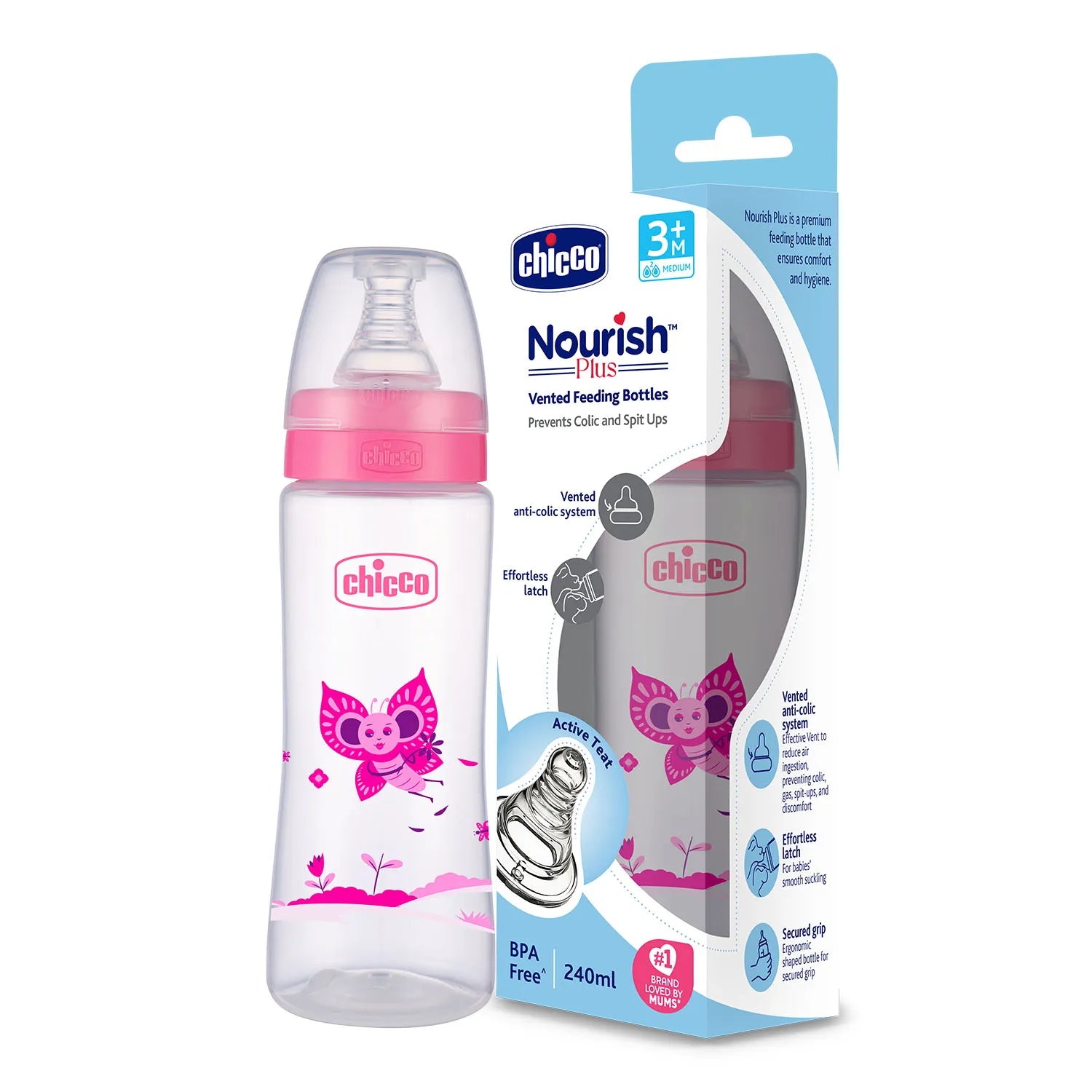 Nourish Plus Medium Flow Baby Bottle 240ml 3M+ Pink