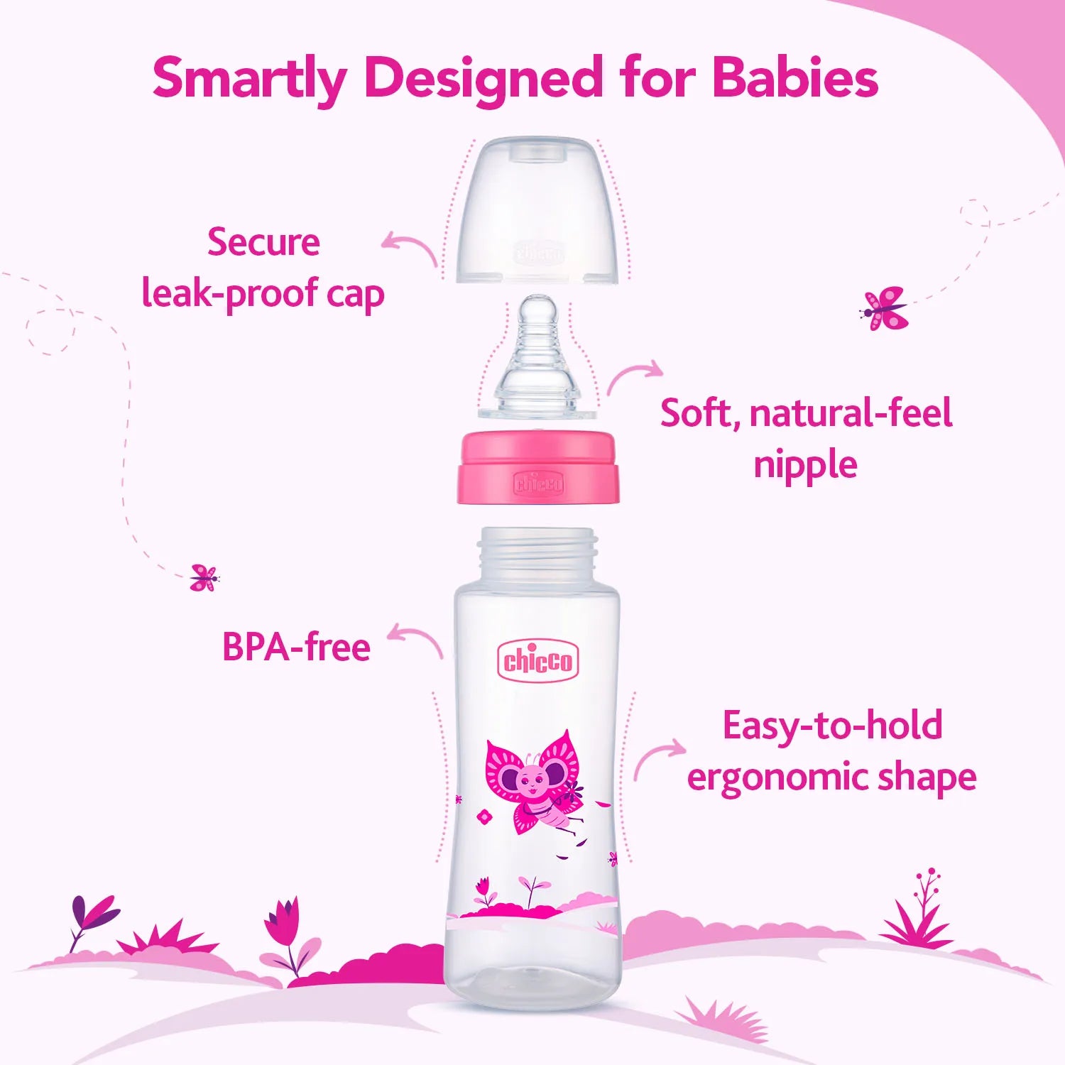 Nourish Plus Medium Flow Baby Bottle 240ml 3M+ Pink