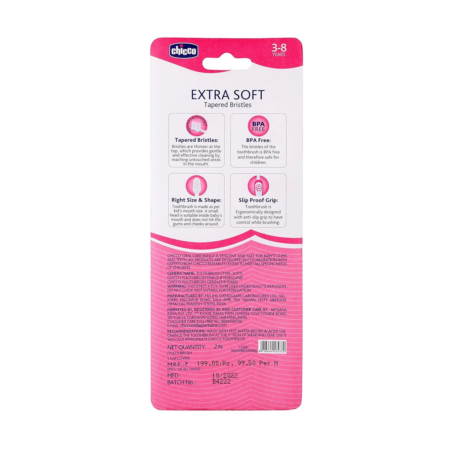 Toothbrush Set 3Y to 8Y Pink and Green Pack of 2