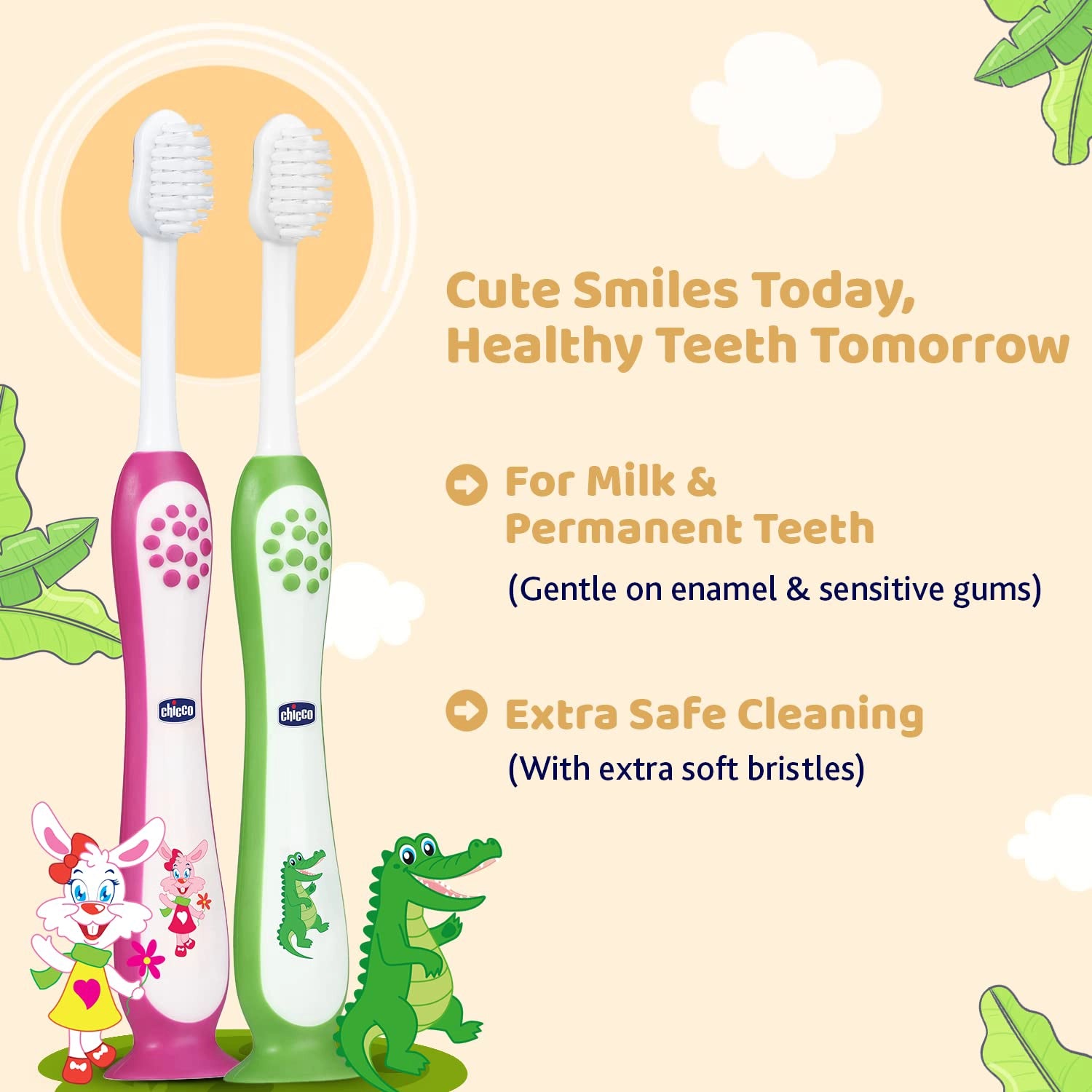 Toothbrush Set 3Y to 8Y Pink and Green Pack of 2