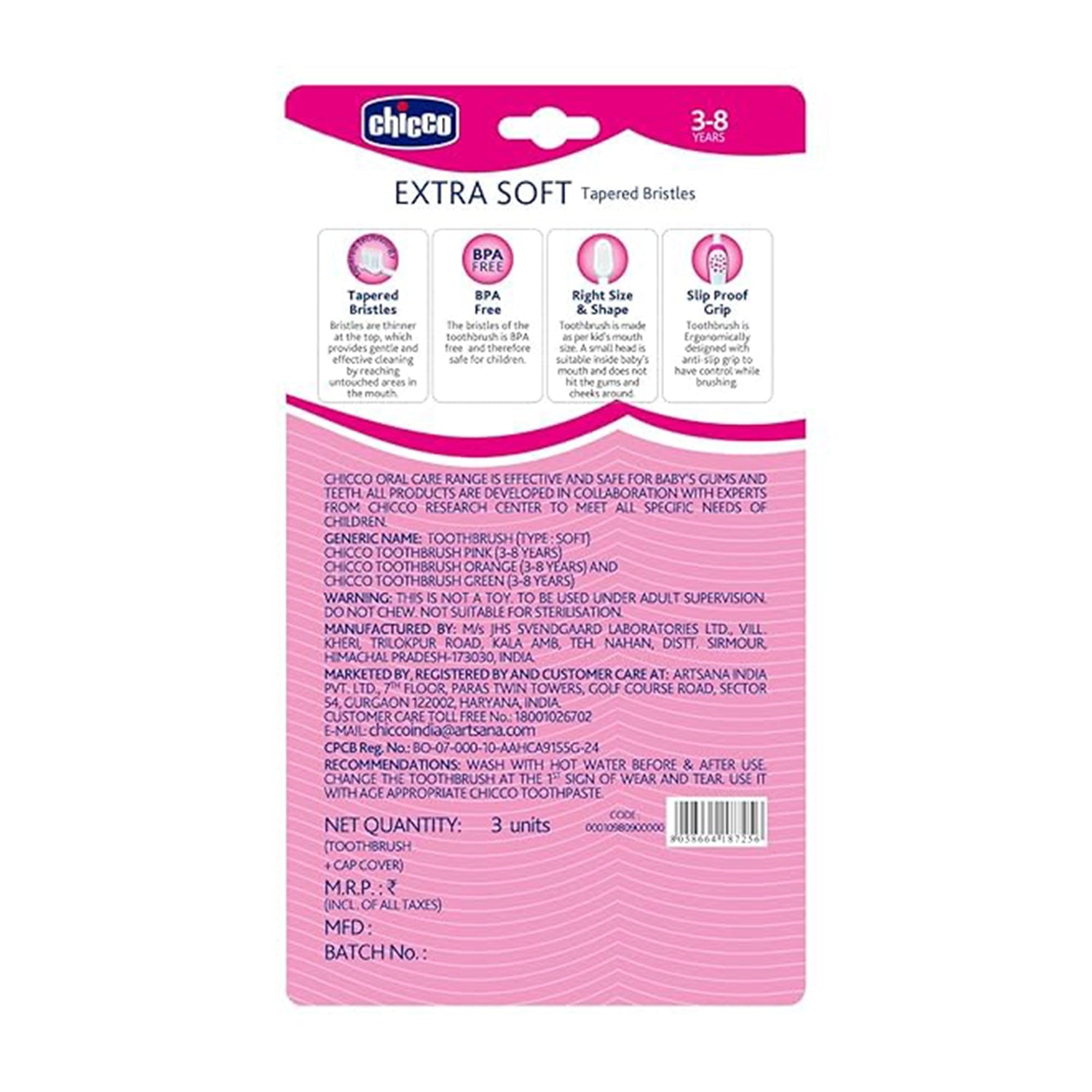 Toothbrush Set 3Y to 8Y Pink Orange & Green Pack of 3