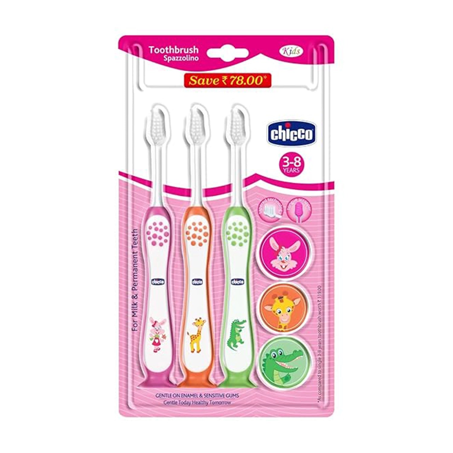 Toothbrush Set 3Y to 8Y Pink Orange & Green Pack of 3