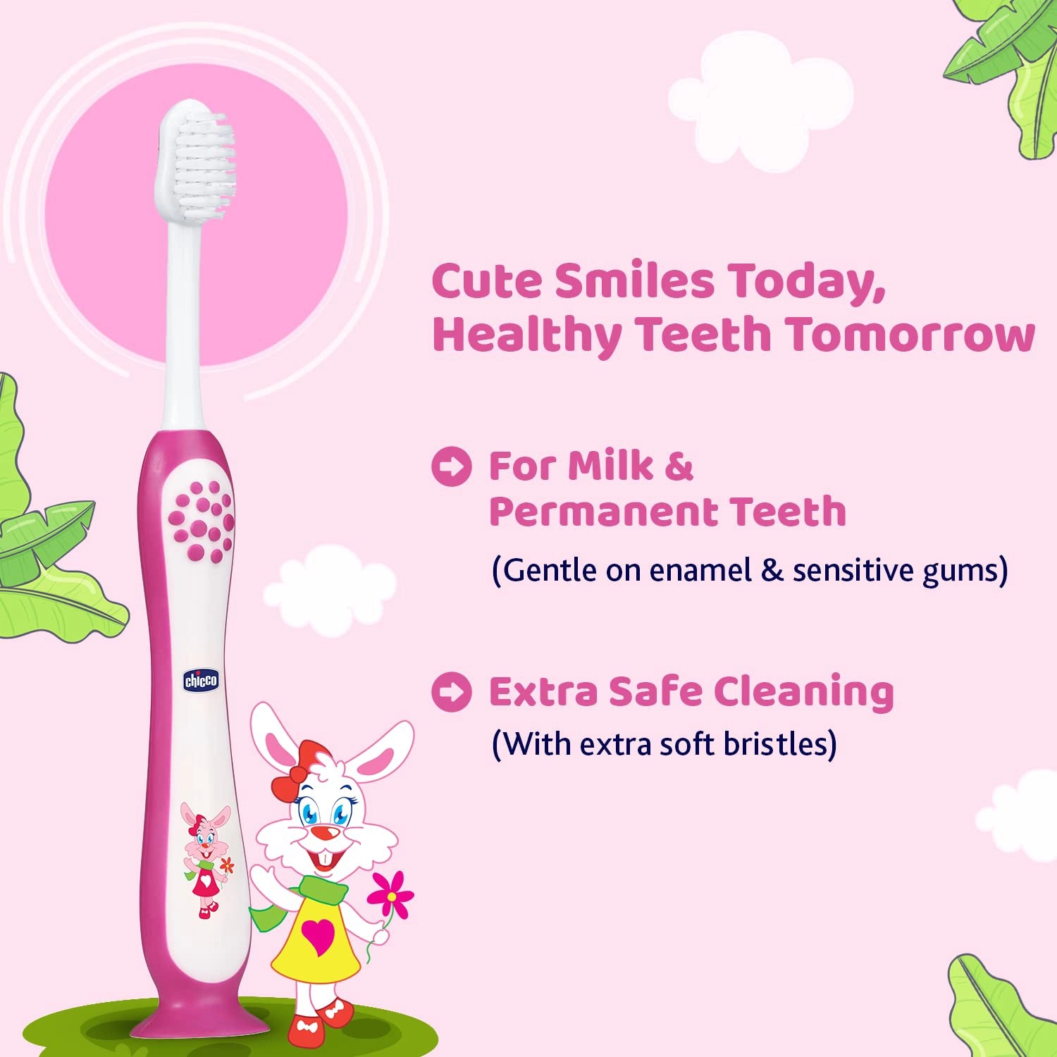 Toothbrush Set 3Y to 8Y Pink Orange & Green Pack of 3