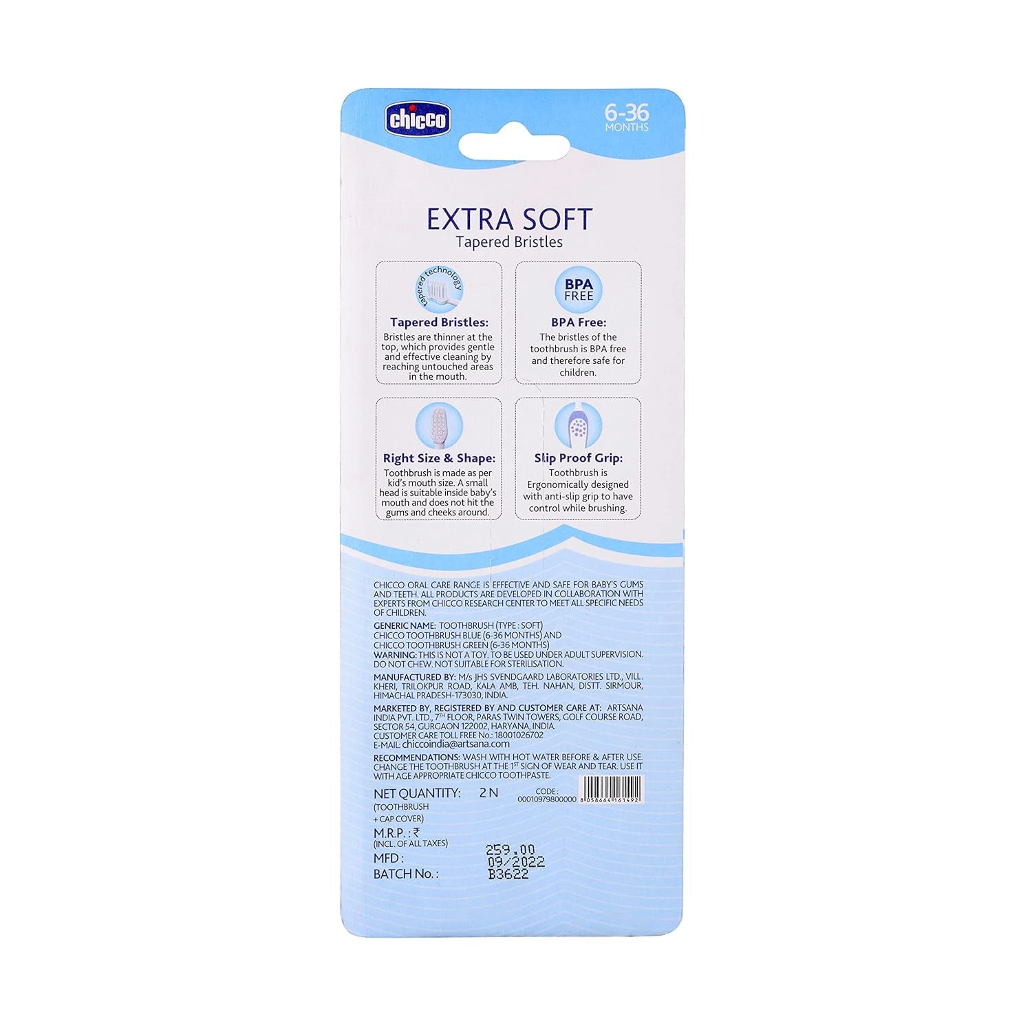 Toothbrush Set 6M to 36M Blue & Green Pack of 2