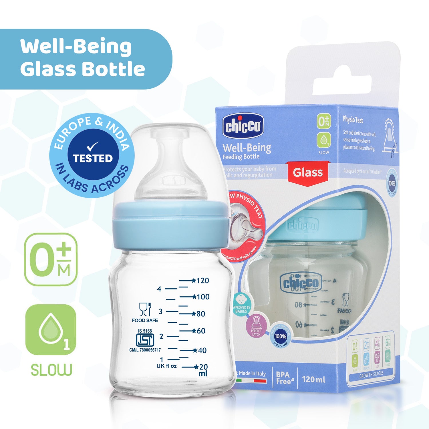 Well Being Glass Feeding Bottle 120ml Blue Slow Flow 0M+