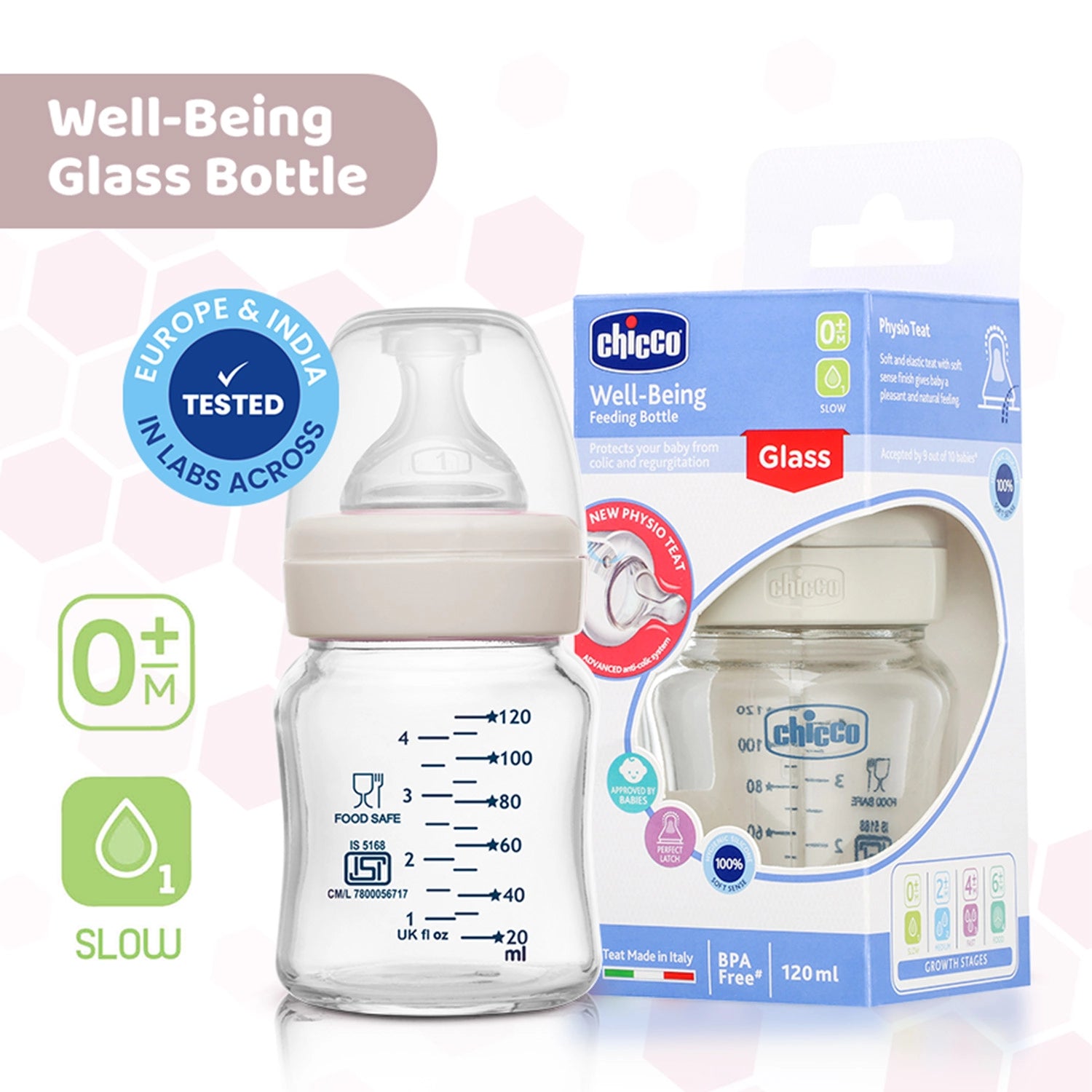 Well Being Glass Feeding Bottle 120ml Neutral Slow Flow 0M+