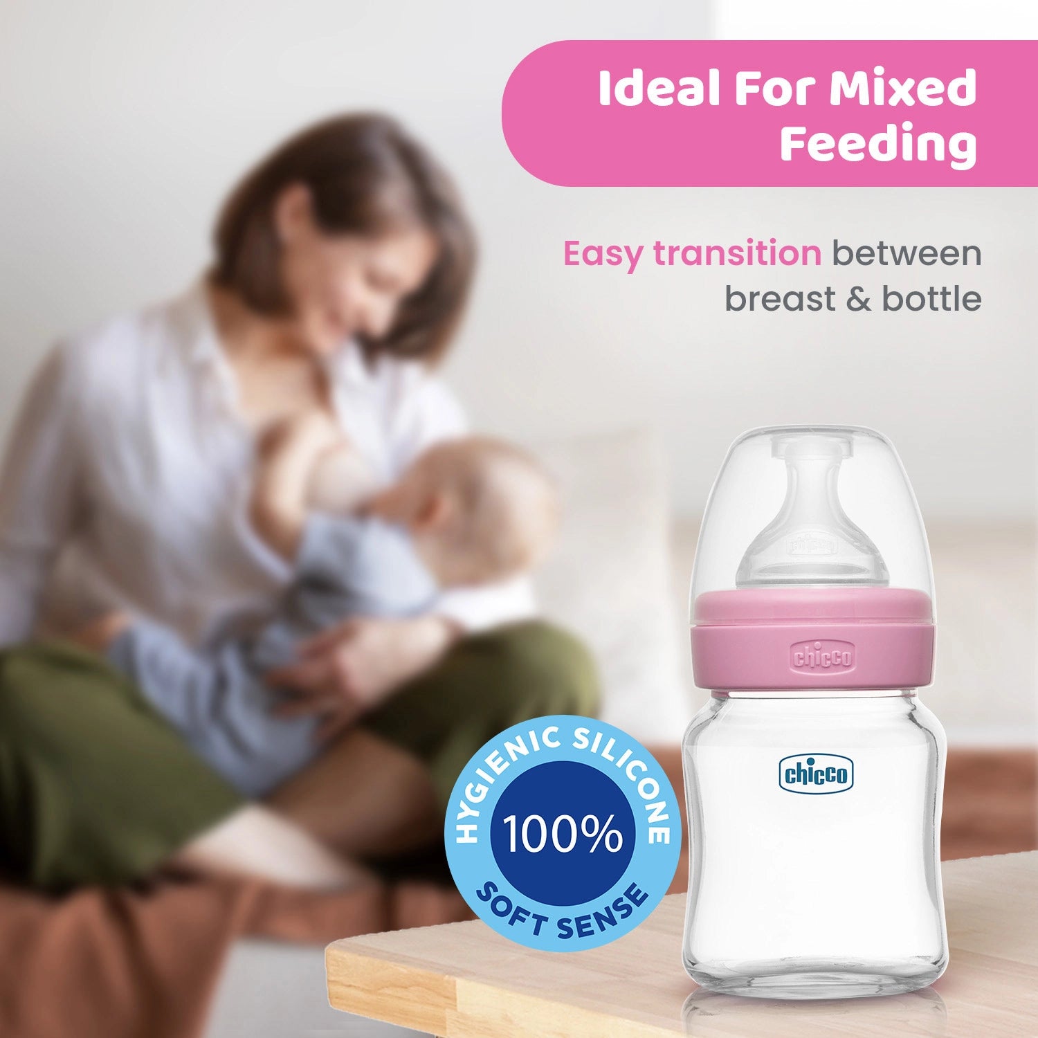 Well Being Glass Feeding Bottle 120ml Pink Slow Flow 0M+
