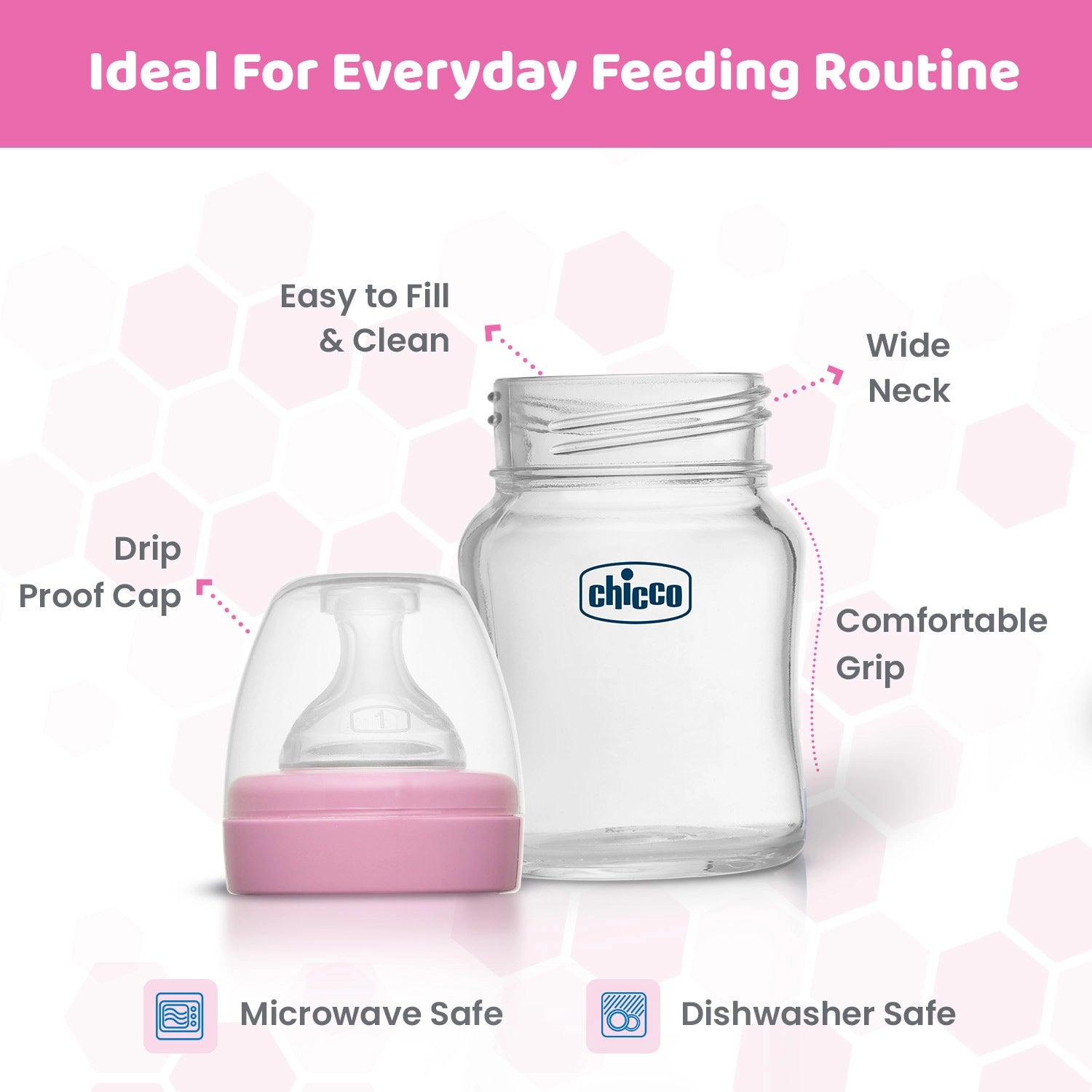 Well Being Glass Feeding Bottle 120ml Pink Slow Flow 0M+