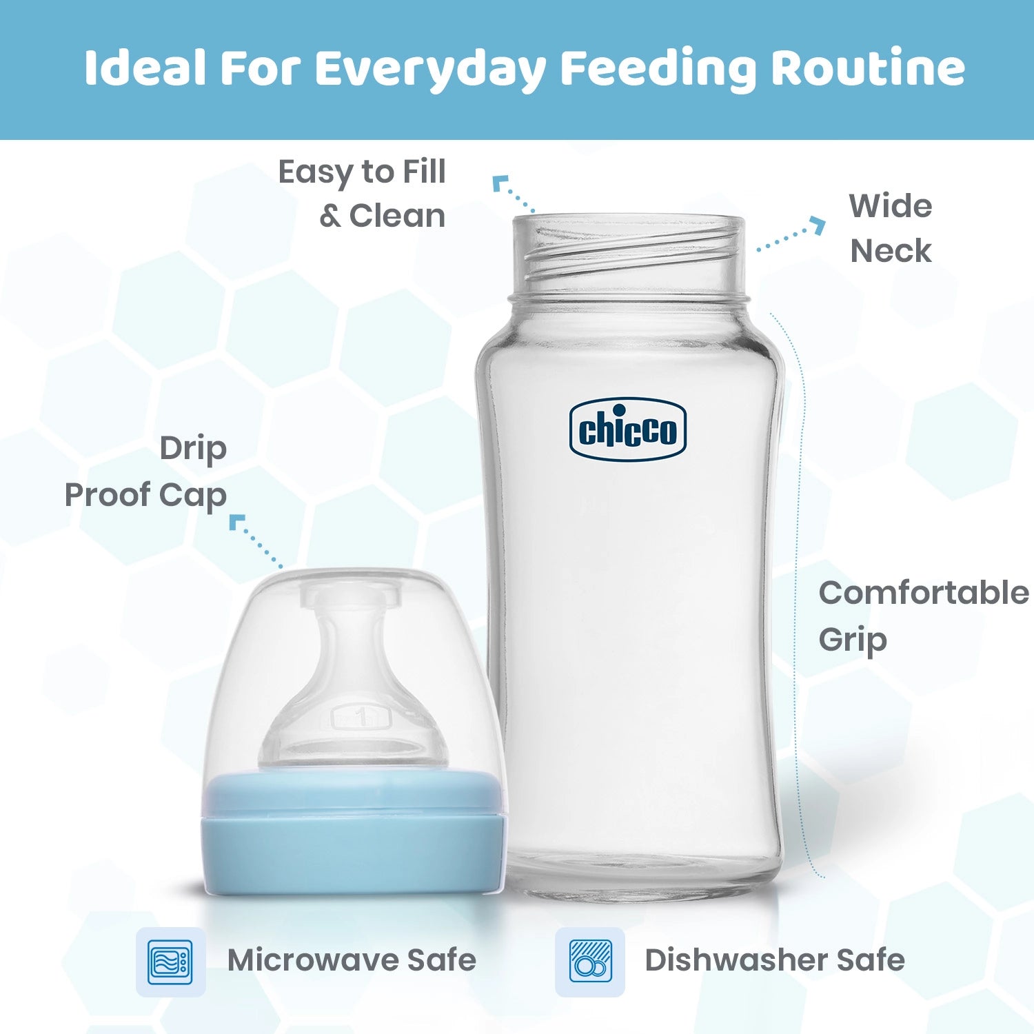 Well Being Glass Feeding Bottle 240ml Blue Medium Flow 2M+