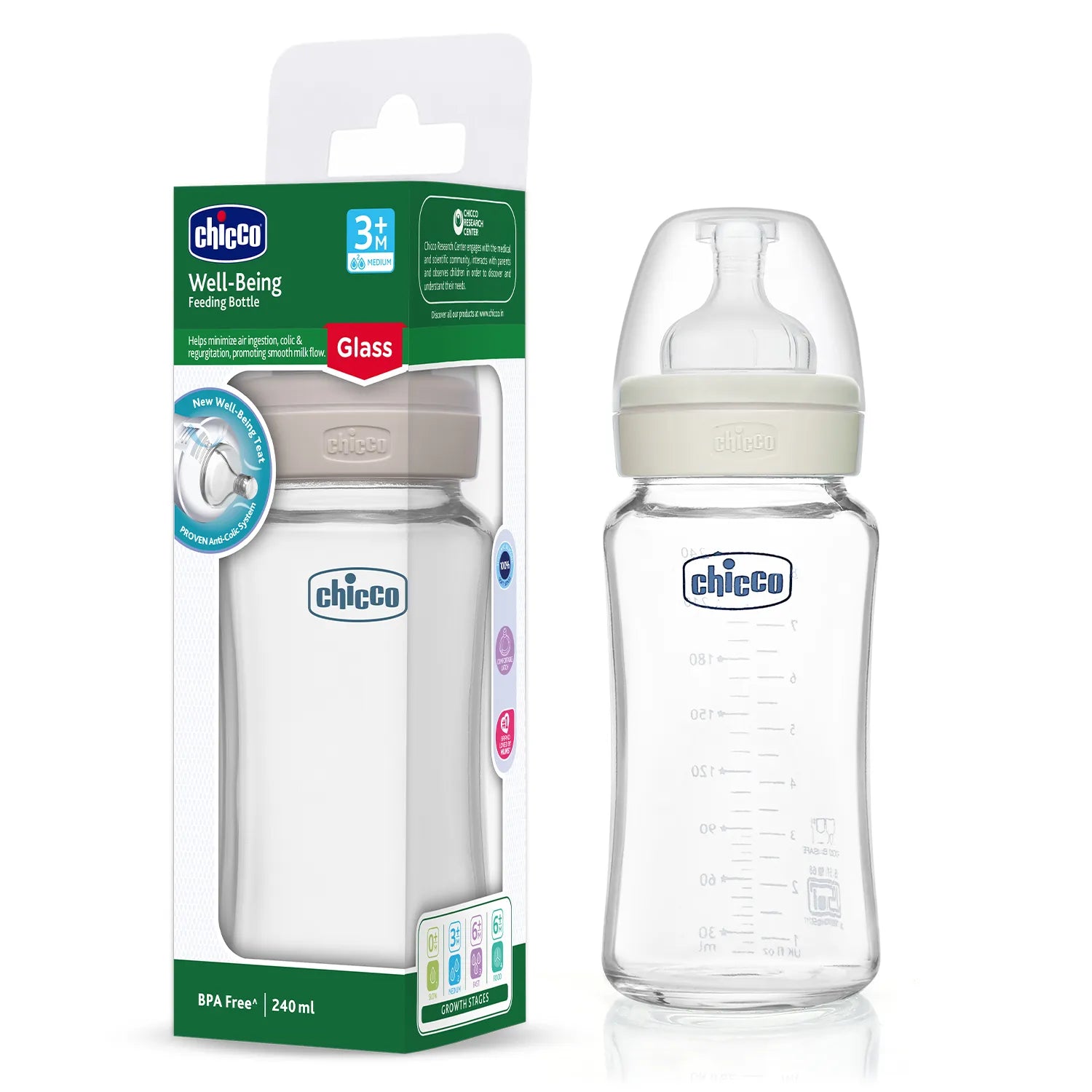 Well Being Glass Feeding Bottle 240ml Neutral Medium Flow 3M+