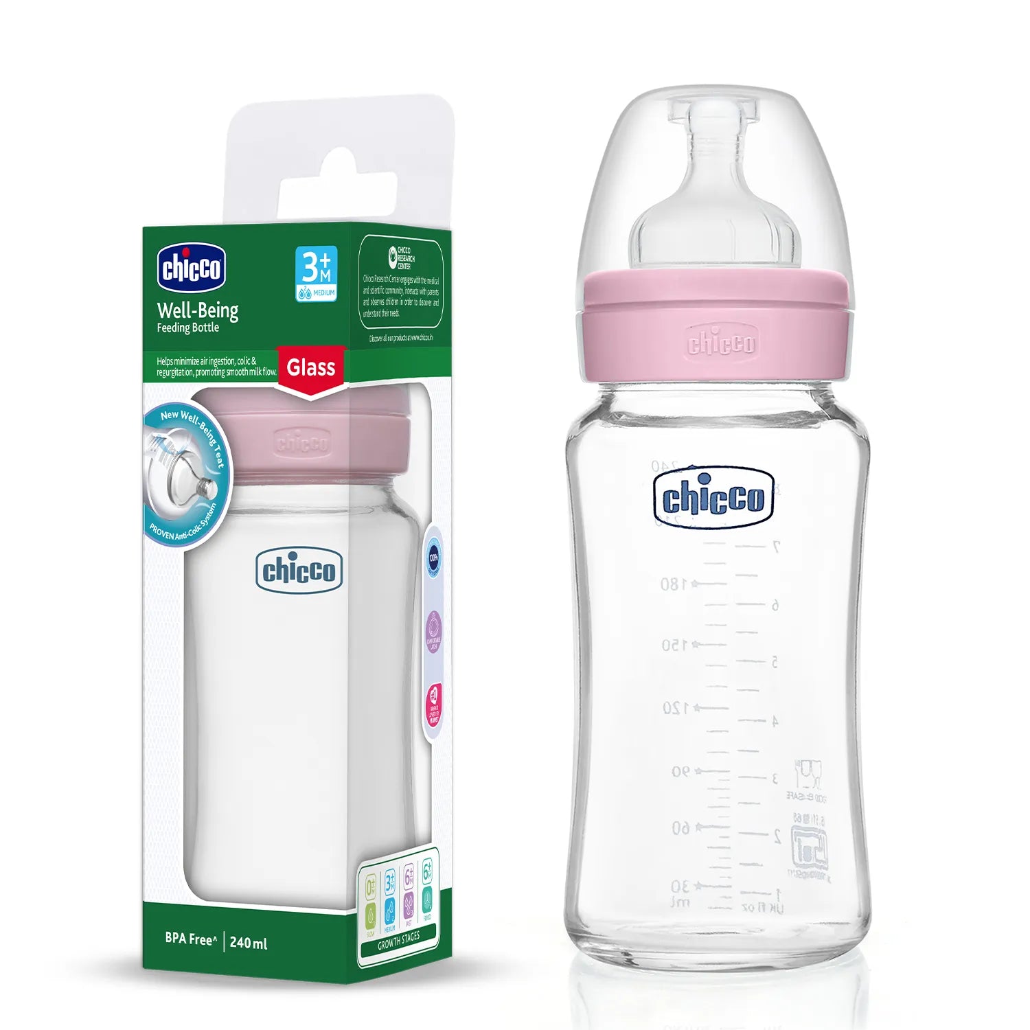 Well Being Glass Feeding Bottle 240ml Pink Medium Flow 3M+