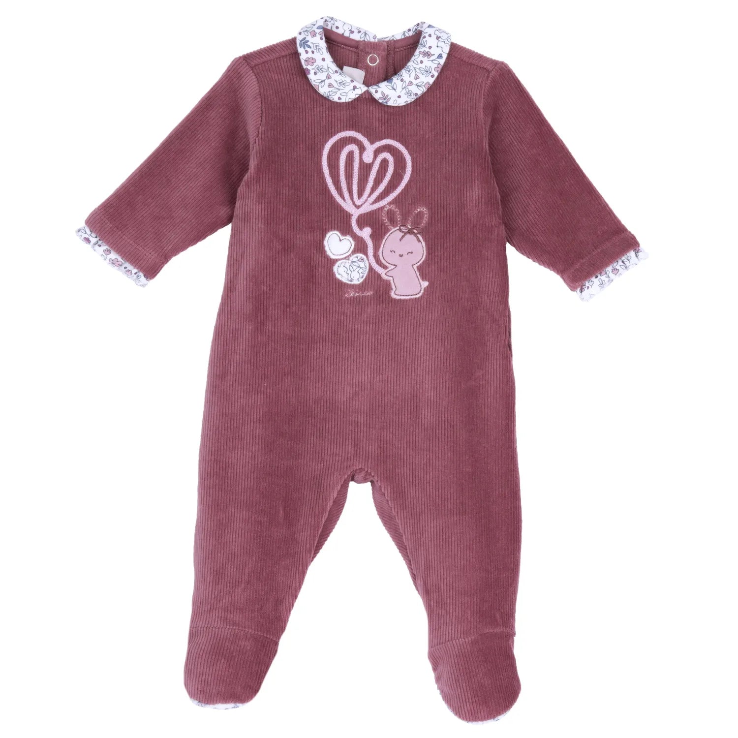Girls Maroon Embroidered Velour Nappy Opening Babysuit