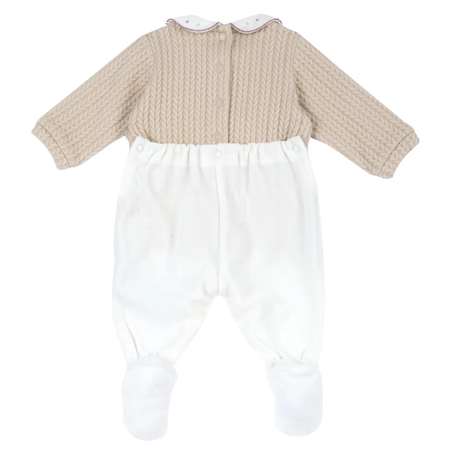 Girls White & Beige Embellished Nappy Opening Babysuit