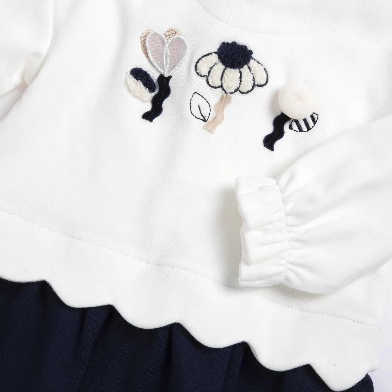 Girls White & Blue Applique Long Sleeve Dress