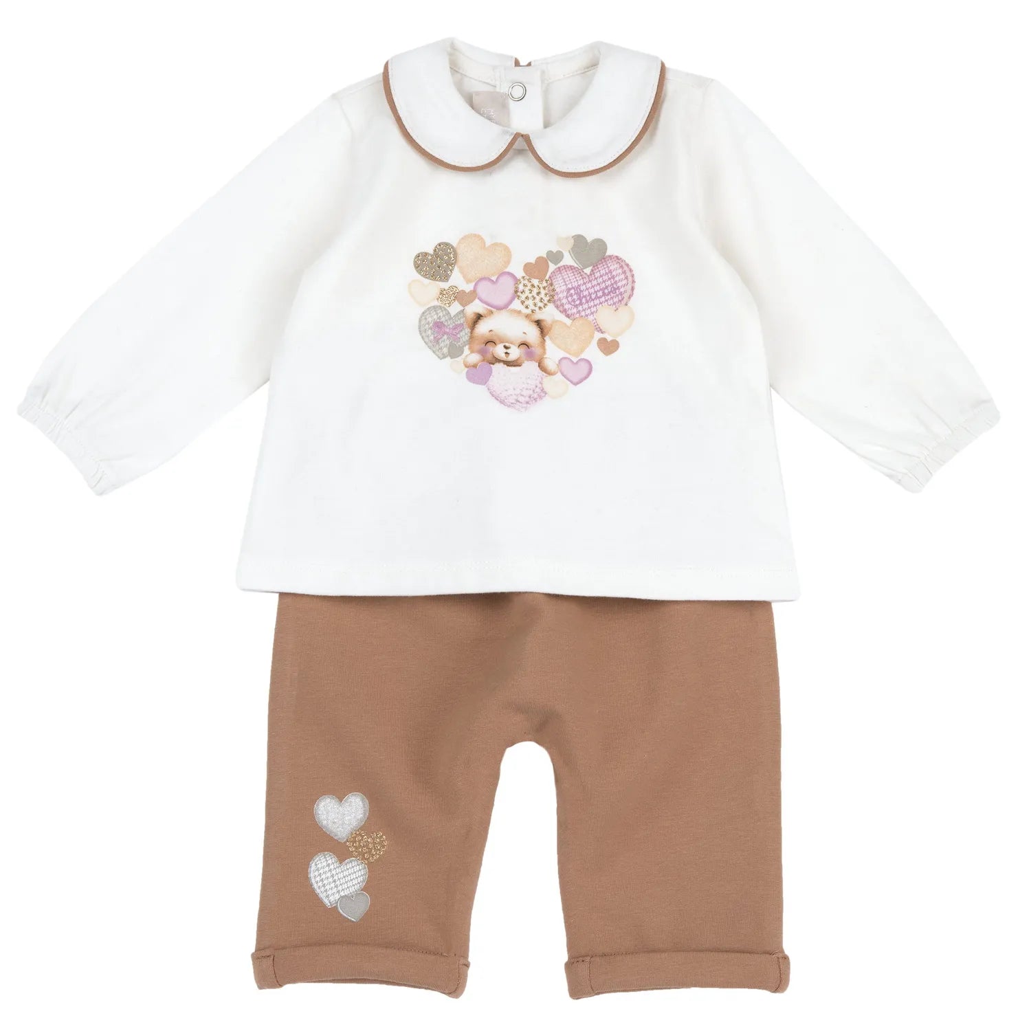 Girls White & Brown Printed Sweatshirt with Leggings